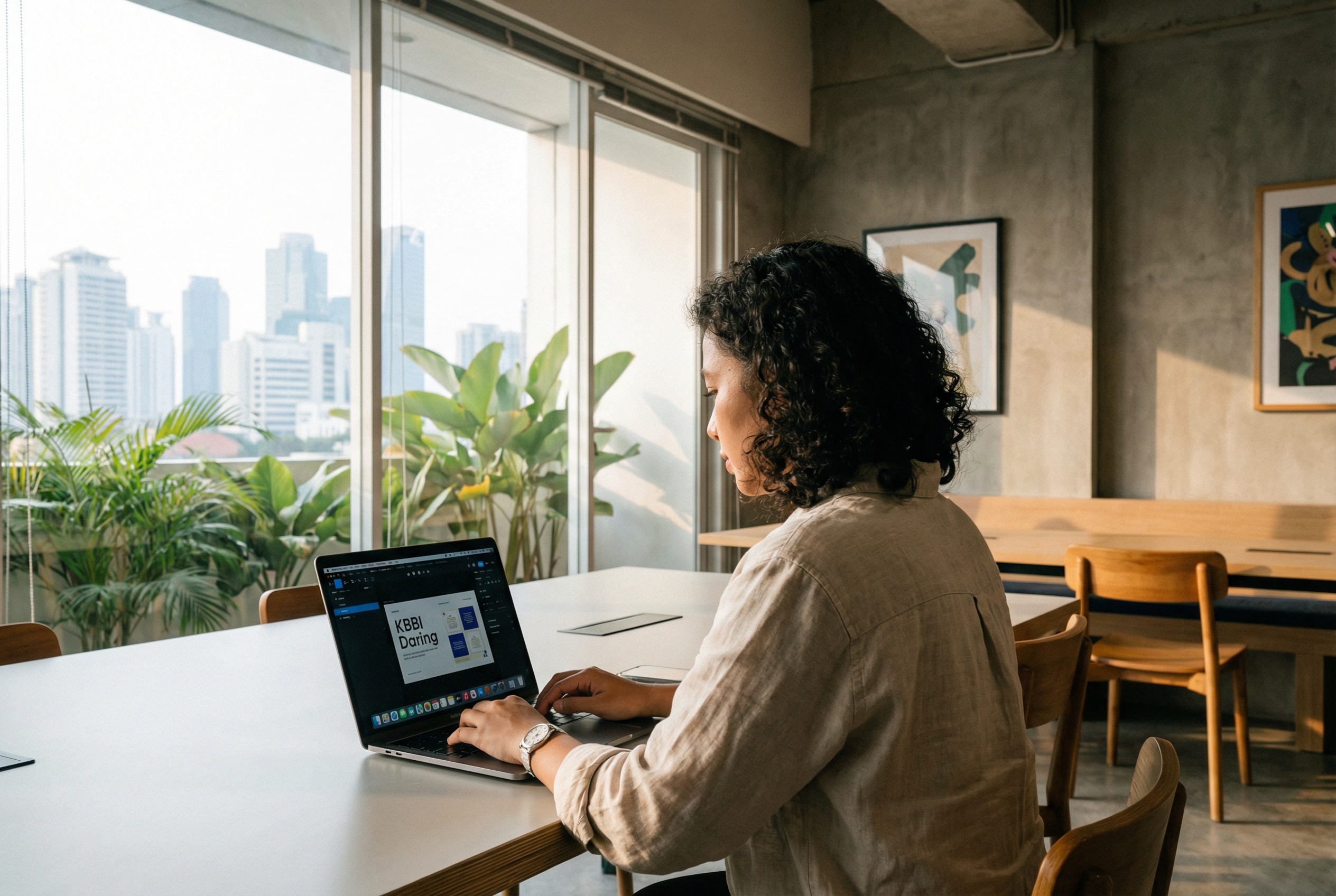 A realistic cinematic shot of a modern Indonesian creative professional working in a minimalist office in Jakarta, using a high-end laptop with Indonesian grammar software visible on the screen, soft morning light, 8k resolution.