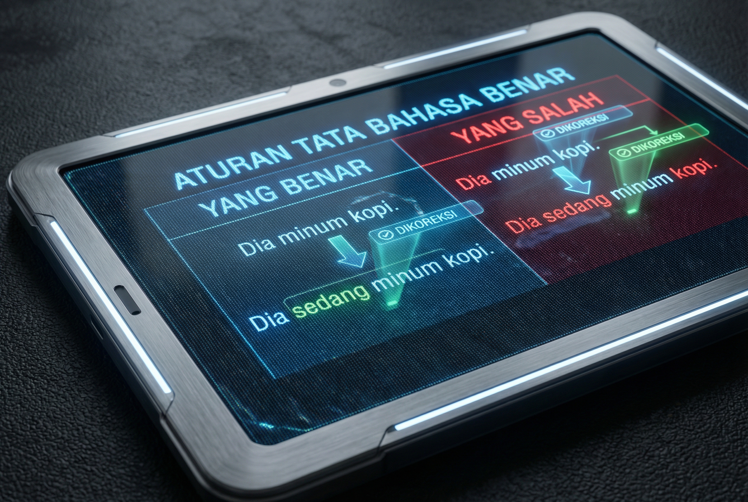 A macro close-up of a high-resolution tablet screen displaying a comparison chart of correct and incorrect Indonesian grammar rules, with glowing holographic corrections, ultra-detailed, futuristic design.