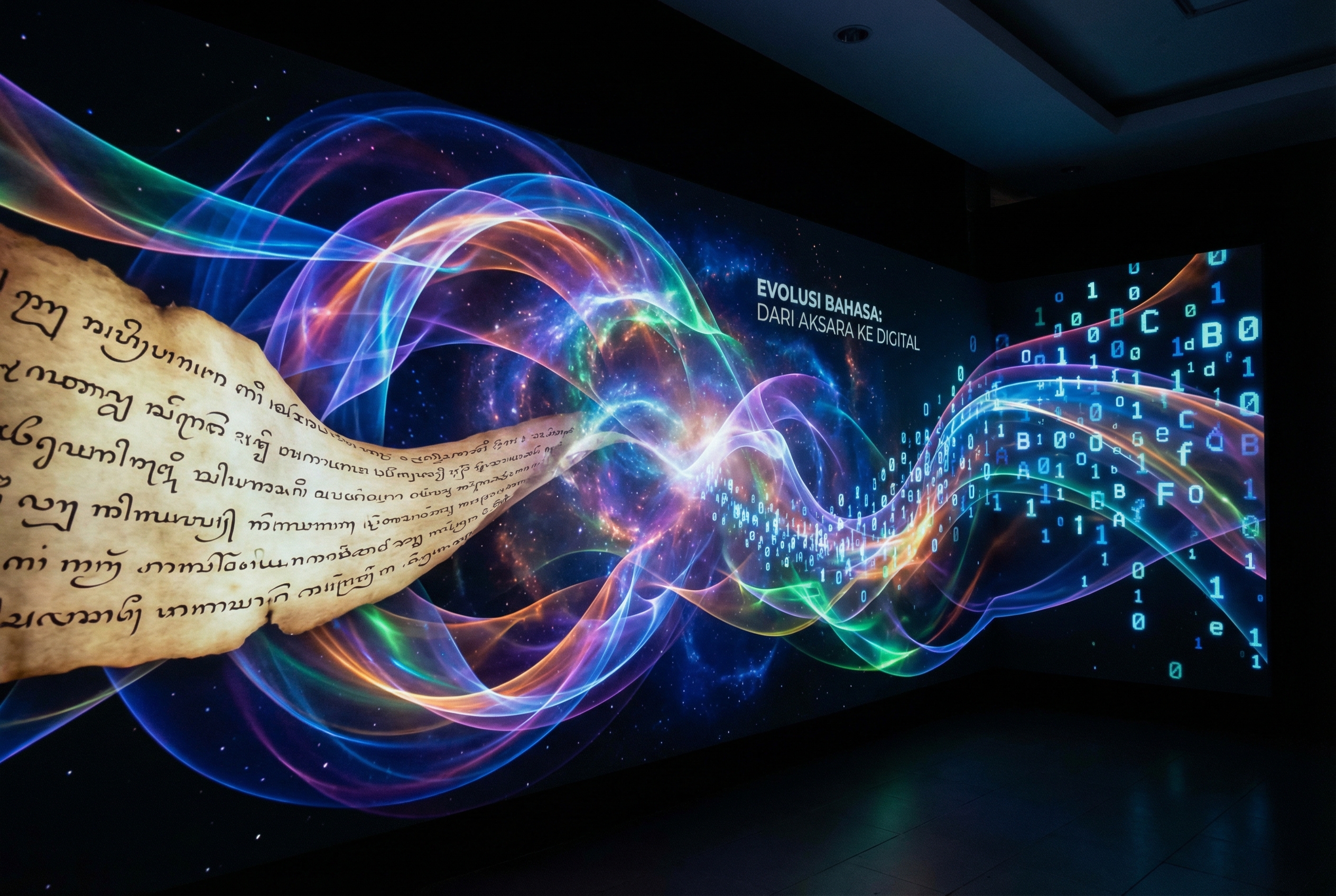 An abstract artistic representation of the Indonesian language evolving through time, showing traditional script transforming into digital binary codes and letters floating in a futuristic nebula, vibrant colors, 4k.