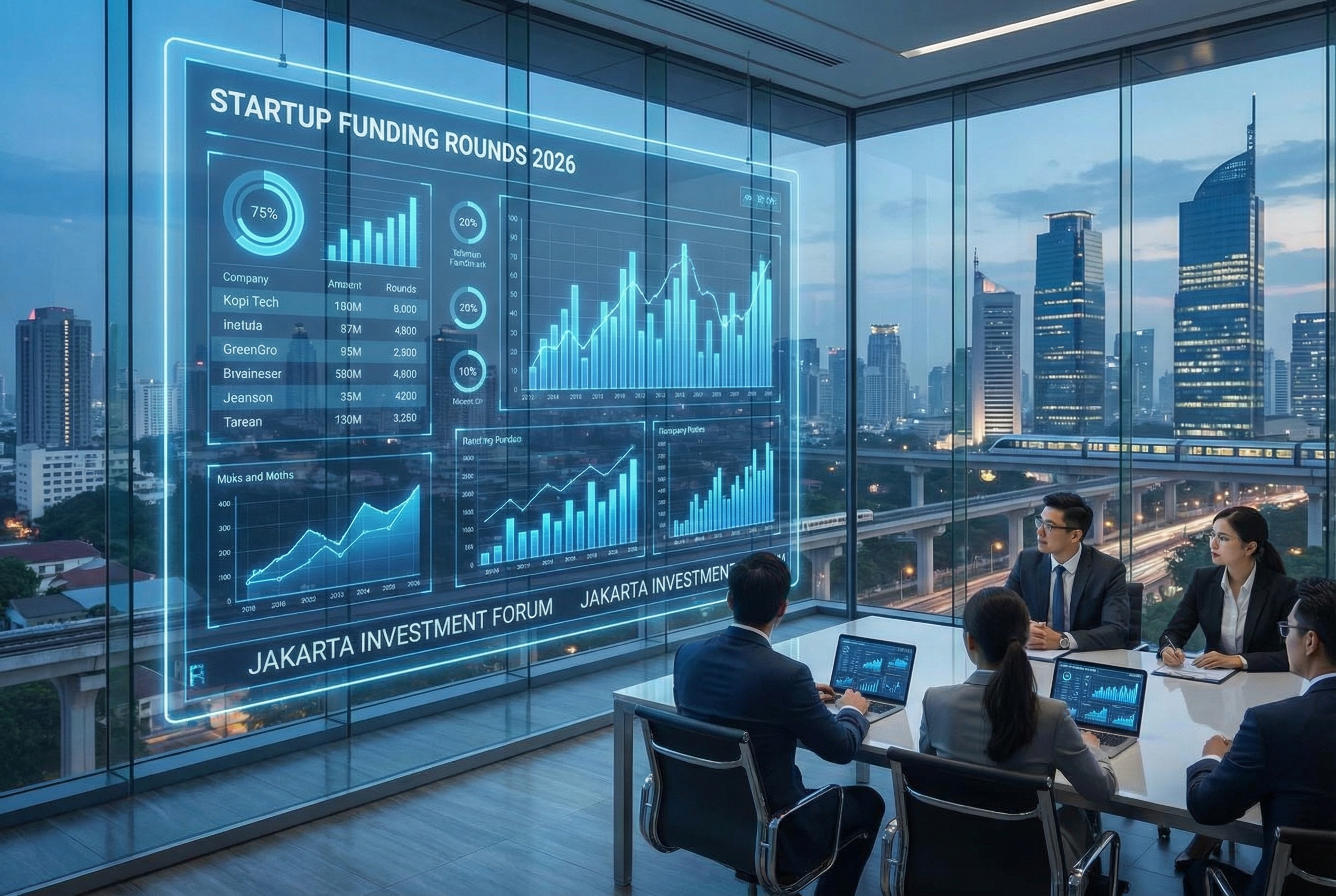 A futuristic visualization of a data-driven investment board in Jakarta 2026, showing digital graphs of startup funding rounds with a background of the Sudirman skyline, a mix of blue holographic data and corporate professional atmosphere.