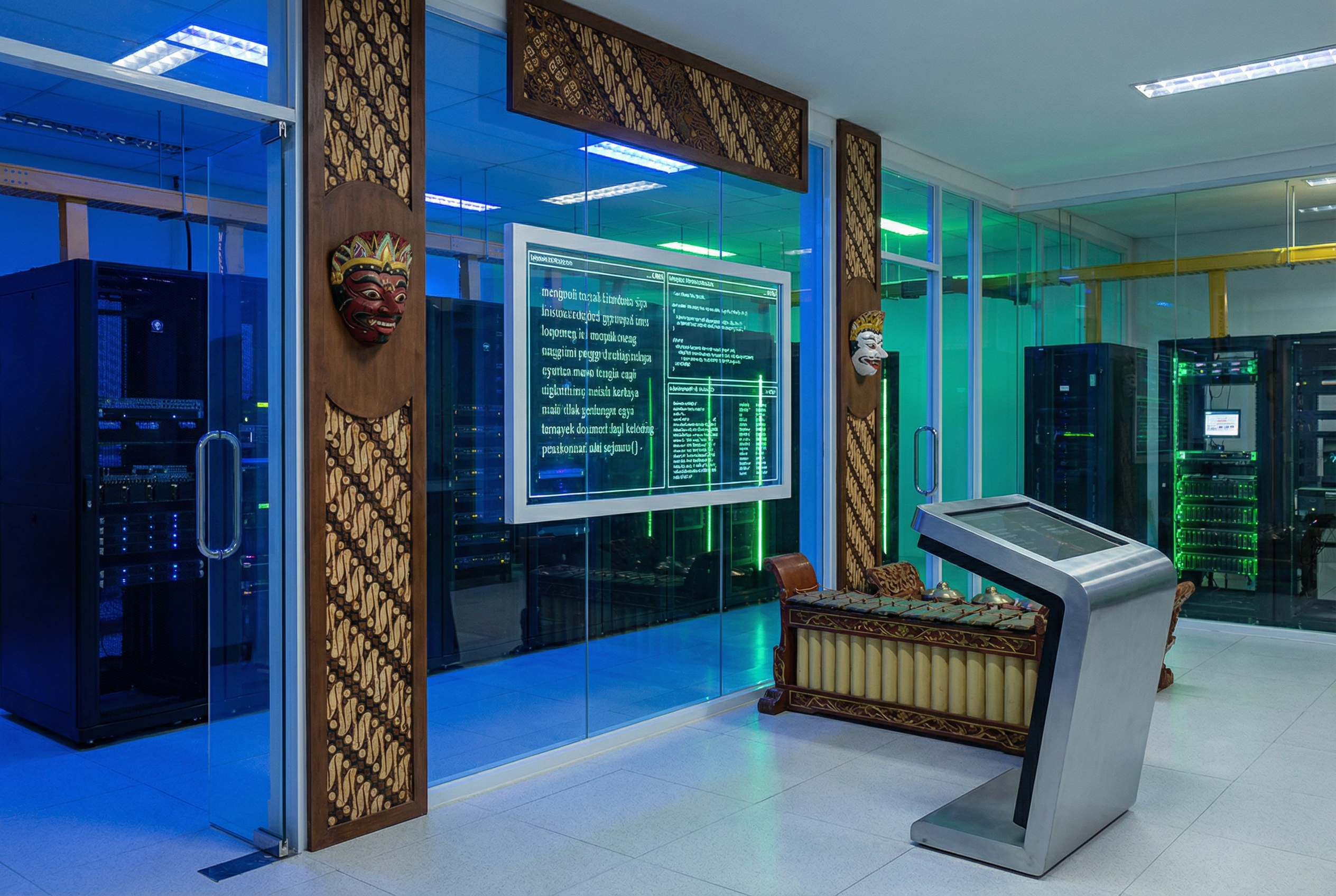 A conceptual image of a research laboratory in Indonesia where traditional cultural motifs are integrated into high-tech server rooms, symbolizing the struggle and potential merger of local culture and deep-tech innovation.