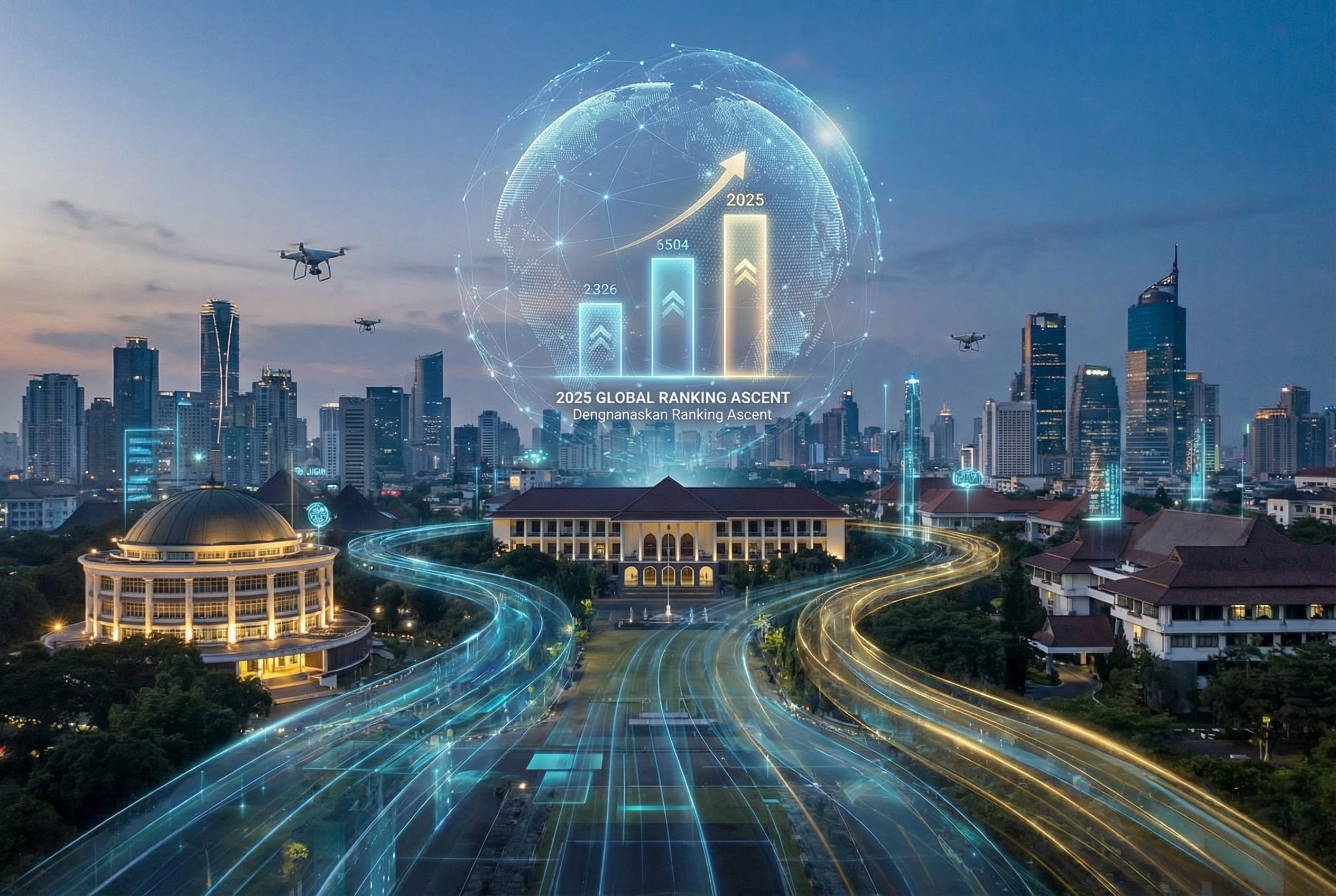 A cinematic and futuristic visualization of the University of Indonesia, Gadjah Mada University, and ITB campus landmarks merged with glowing digital data streams, holographic globe icons, and rising bar charts representing their 2025 global ranking ascent.
