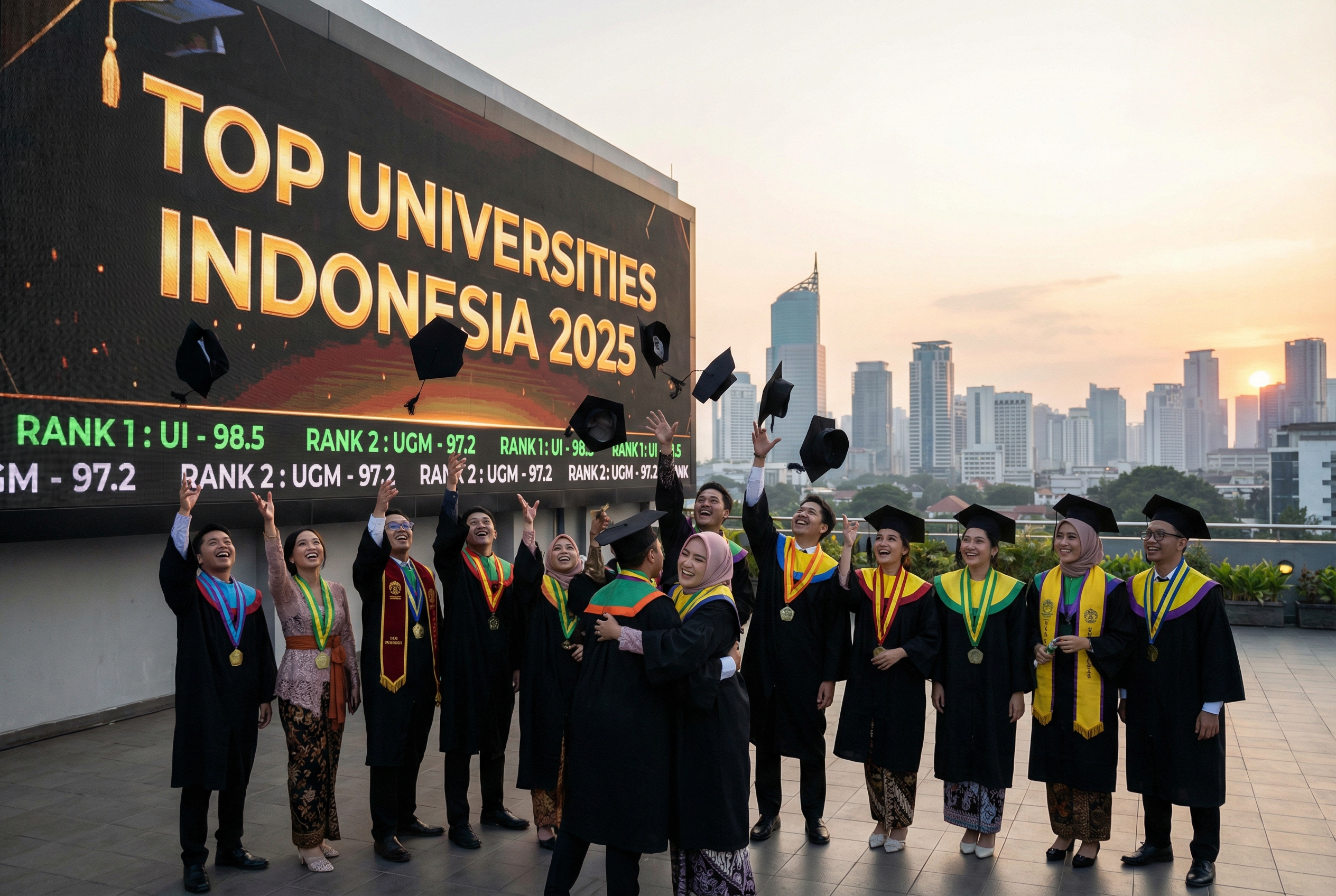 A diverse group of Indonesian students in university regalia celebrating their graduation against a backdrop of a modern city skyline and a giant digital billboard displaying the words TOP UNIVERSITIES INDONESIA 2025 with glowing statistics.