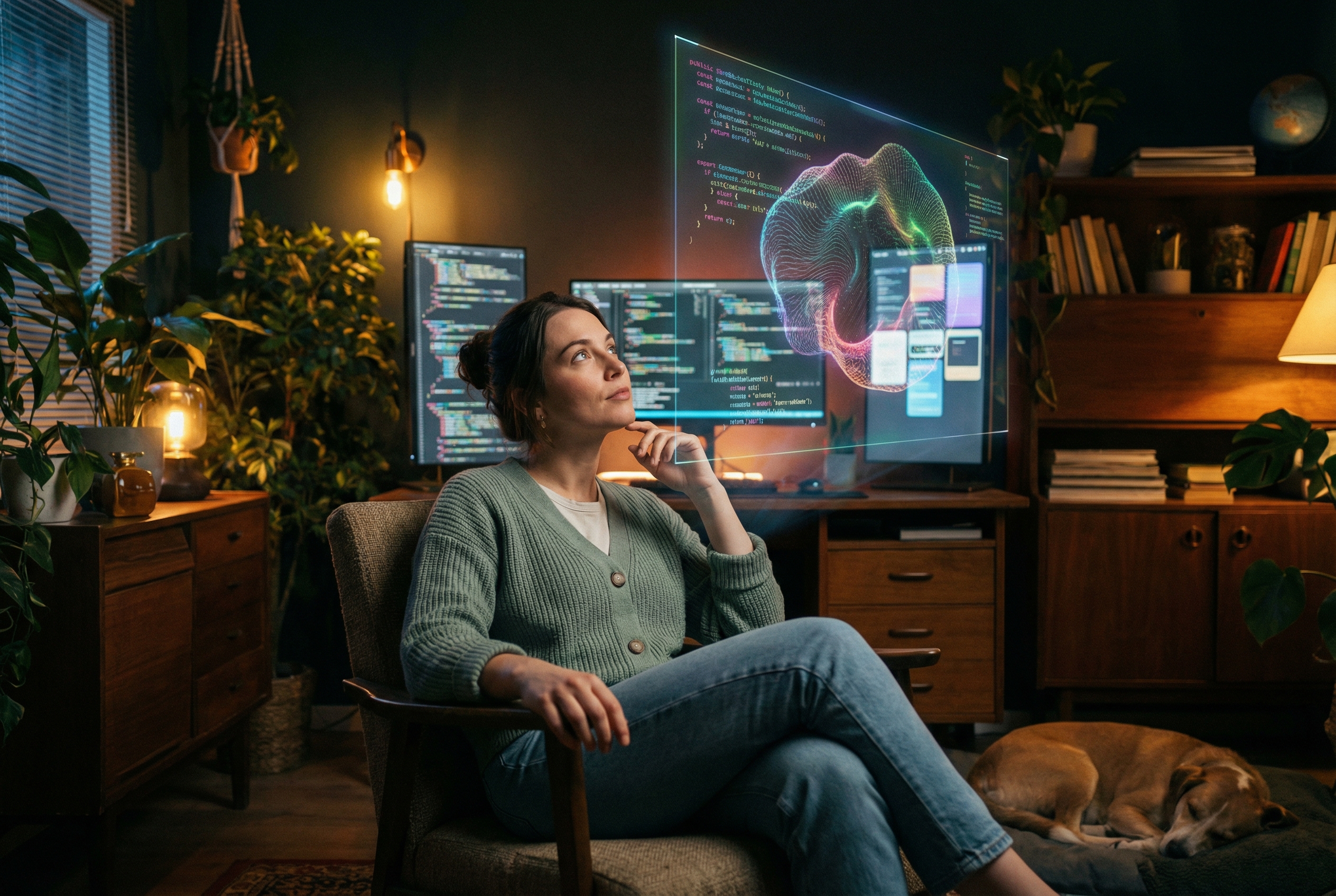 A cinematic shot of a modern programmer sitting in a cozy, dimly lit studio with multiple glowing monitors showing abstract code visualizations and colorful UI elements. The programmer is not typing intensely but instead looking thoughtfully at a holographic interface, representing the intuitive and high-level nature of vibecoding.
