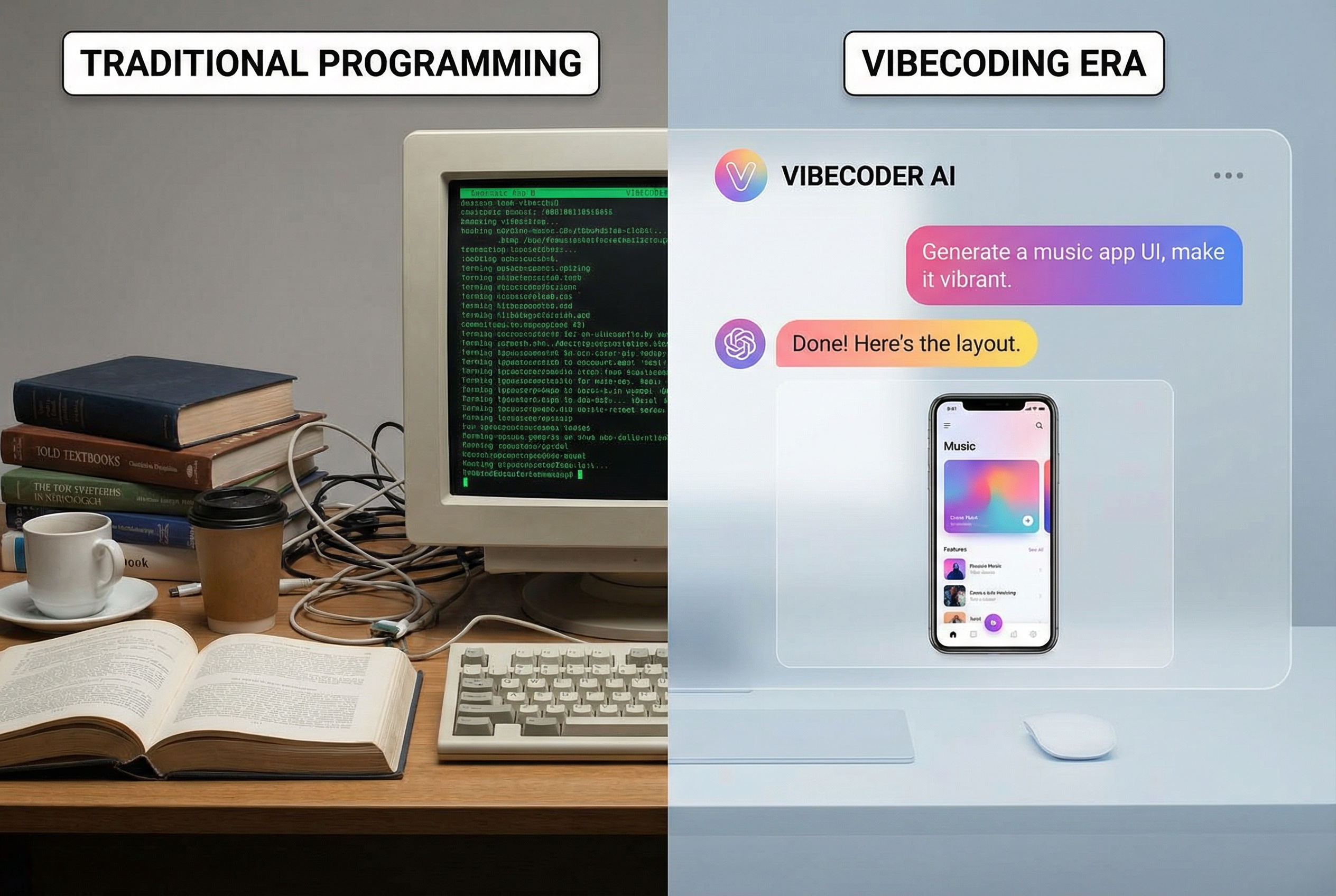 A split-screen visual comparison. On the left side, a cluttered desk with textbooks and a screen full of complex, monochromatic terminal code representing traditional programming. On the right side, a clean, vibrant digital space with a user-friendly AI chat interface and a beautiful smartphone app layout being generated automatically, representing the vibecoding era.