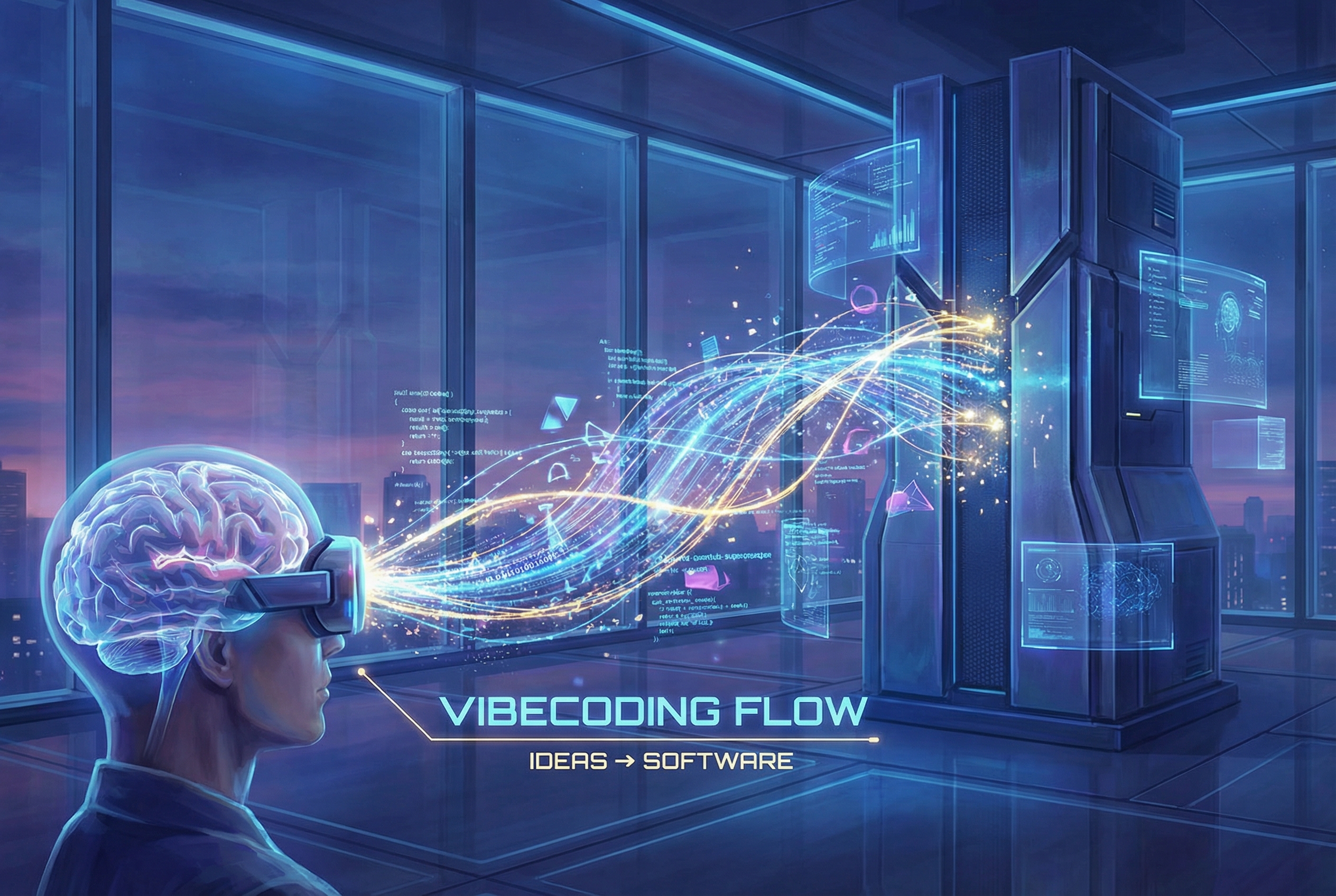 A futuristic concept art showing a bridge made of glowing digital particles connecting a human brain and a supercomputer. The bridge represents the seamless flow of ideas turning into software, symbolizing the ultimate potential of vibecoding as a human-AI collaboration.
