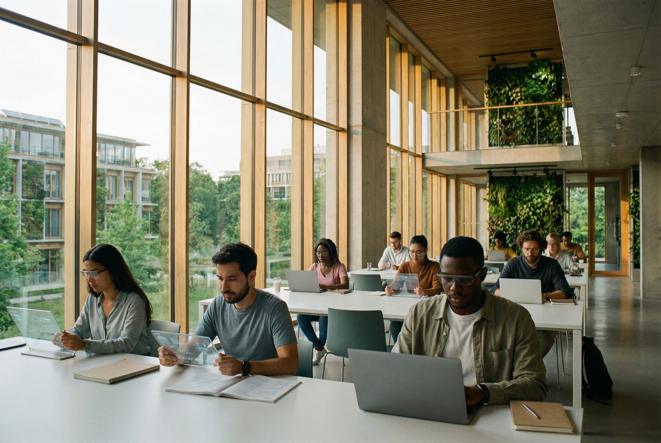 A realistic cinematic shot of a modern, minimalist university library in 2026. Students are using slim, transparent holographic tablets and ergonomic laptops. The atmosphere is quiet and focused, with warm natural light coming from large floor-to-ceiling windows showing a green campus.
