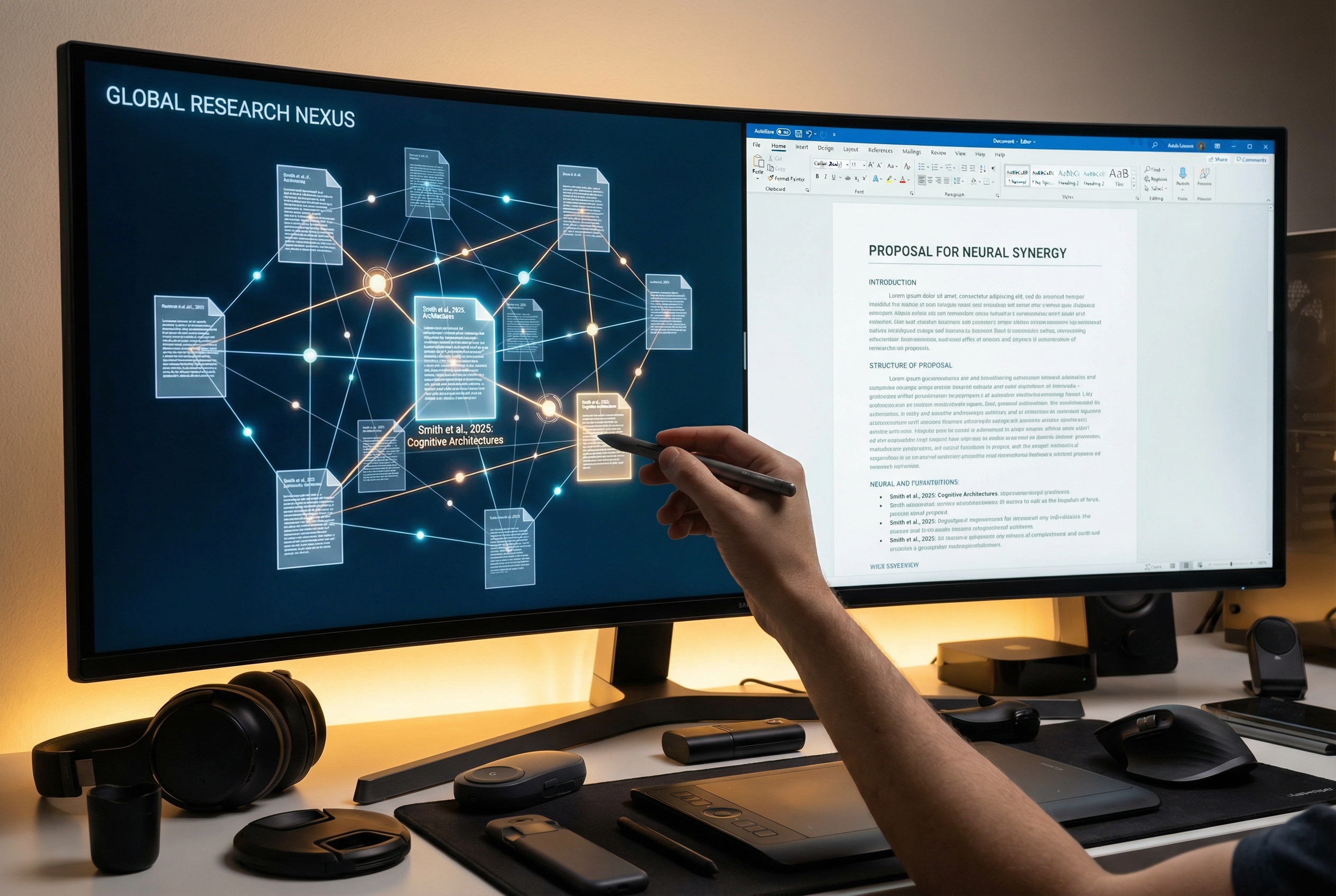 A close-up shot of a high-tech workspace showing a split screen. On one side, a complex network graph of interconnected research papers is displayed in 3D. On the other side, a clean document editor with a well-structured academic proposal. A hand is seen holding a smart stylus, pointing at a specific node in the graph.