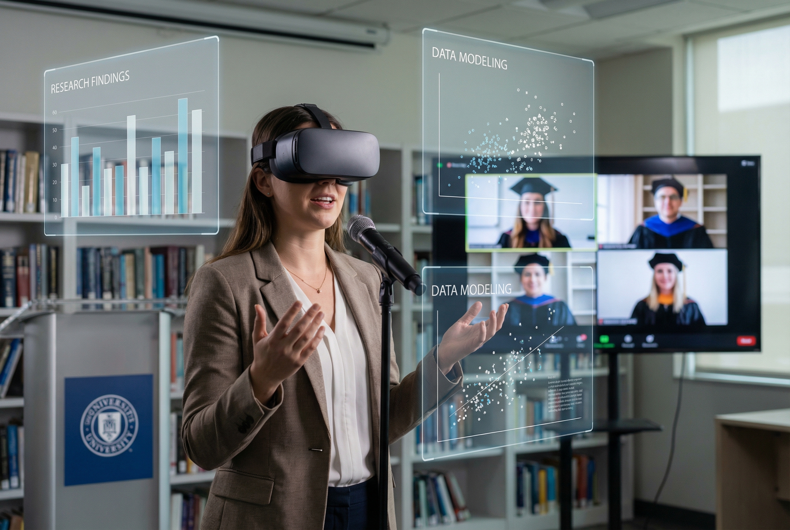 A professional portrait of a doctoral student defending their dissertation via a high-definition virtual reality setup. The student is wearing a sleek headset and speaking confidently, while holographic charts and data visualizations float in the air around them for the committee to see.