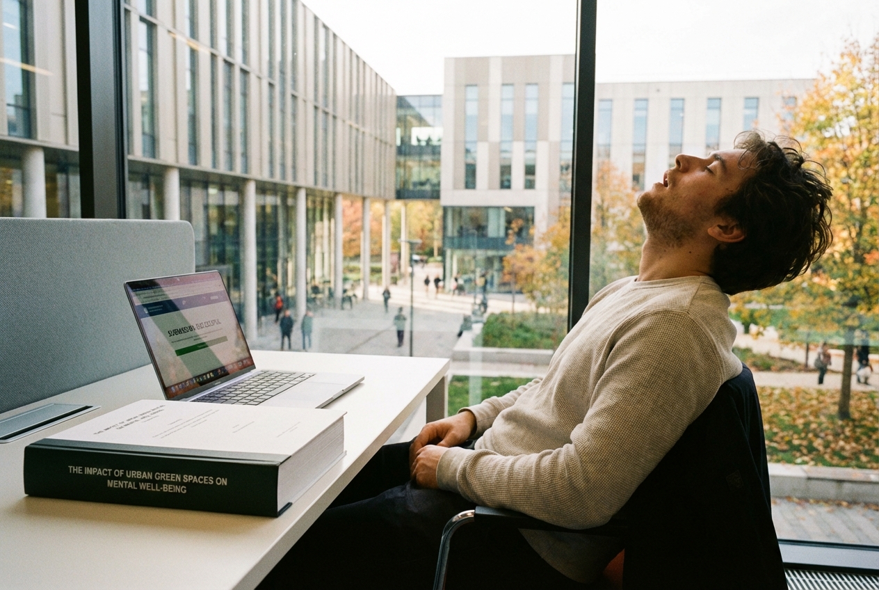 A realistic cinematic shot of a university student sitting in a library, looking relieved after submitting a thick thesis document, with a modern university campus background visible through the window.