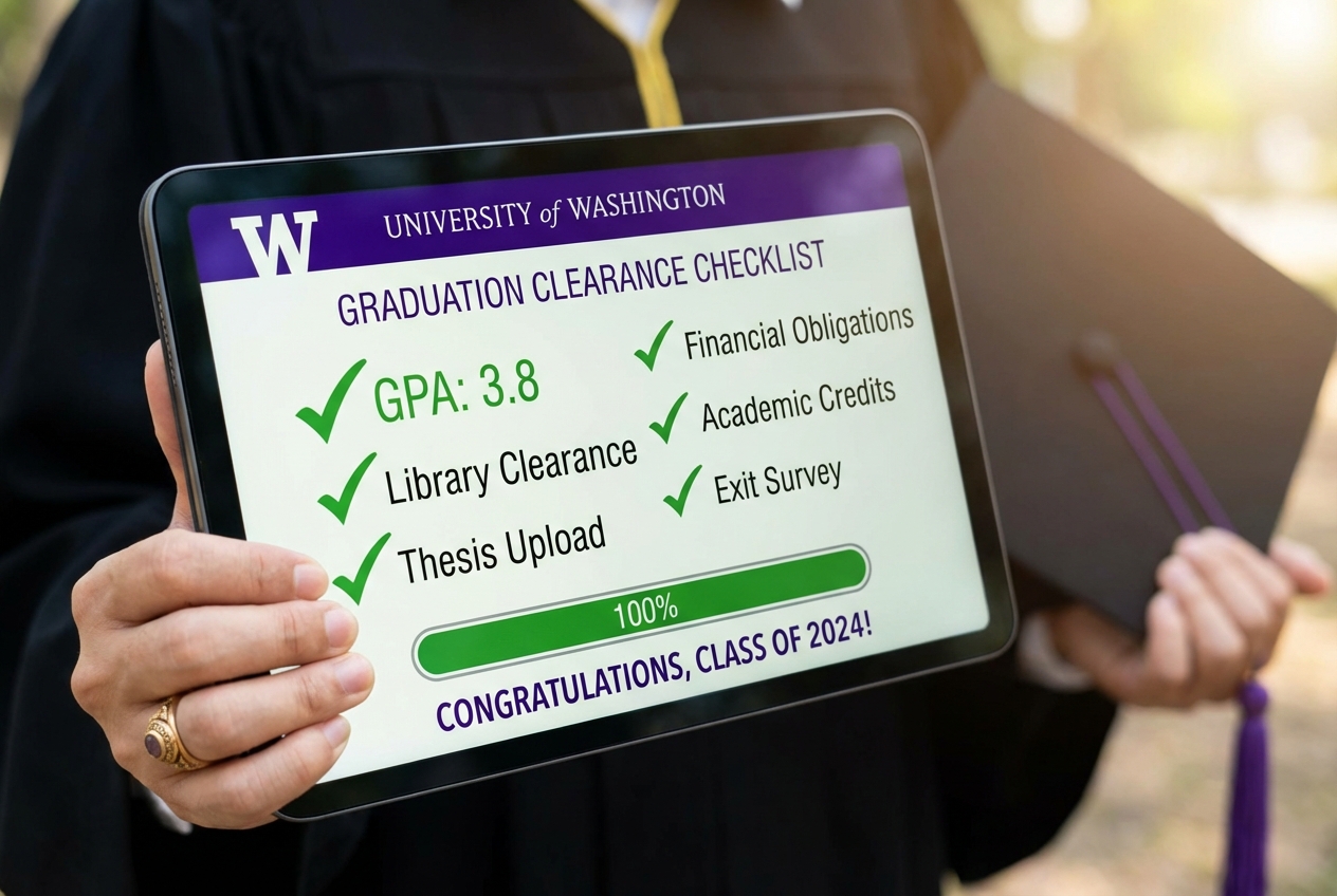 A close-up of a digital dashboard showing a university graduation clearance checklist, with green checkmarks next to terms like 'GPA', 'Library Clearance', and 'Thesis Upload'.