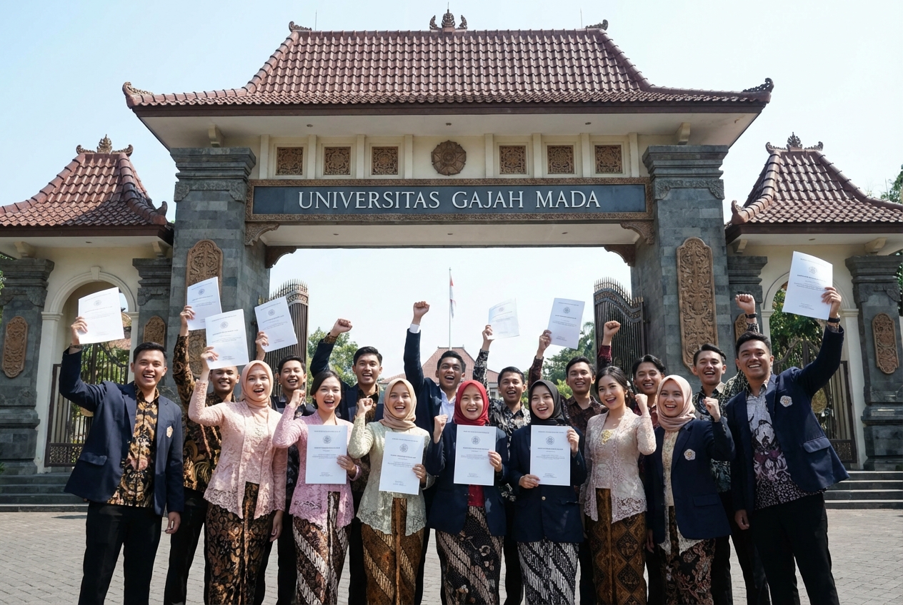 A group of happy diverse Indonesian students in formal attire holding their graduation clearance letters in front of a majestic university gate, realistic style, bright daylight.