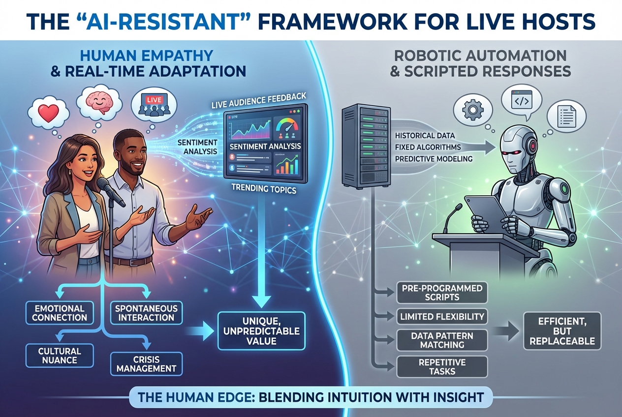 An infographic visual representing the 'AI-Resistant' framework for live hosts, showing human empathy and real-time data analysis versus robotic automation.