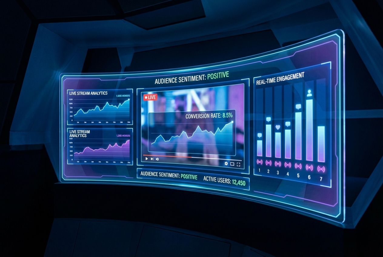 A futuristic dashboard showing live stream analytics, conversion rates, and real-time audience engagement metrics in a clean, high-tech interface.