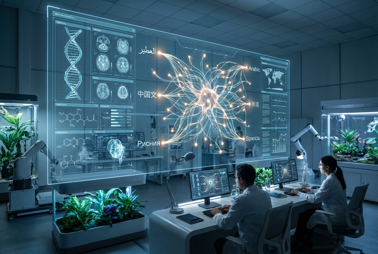A futuristic laboratory setting where a digital interface displays complex medical data being translated into multiple languages by a glowing neural network, with professional linguists overseeing the process on holographic screens.