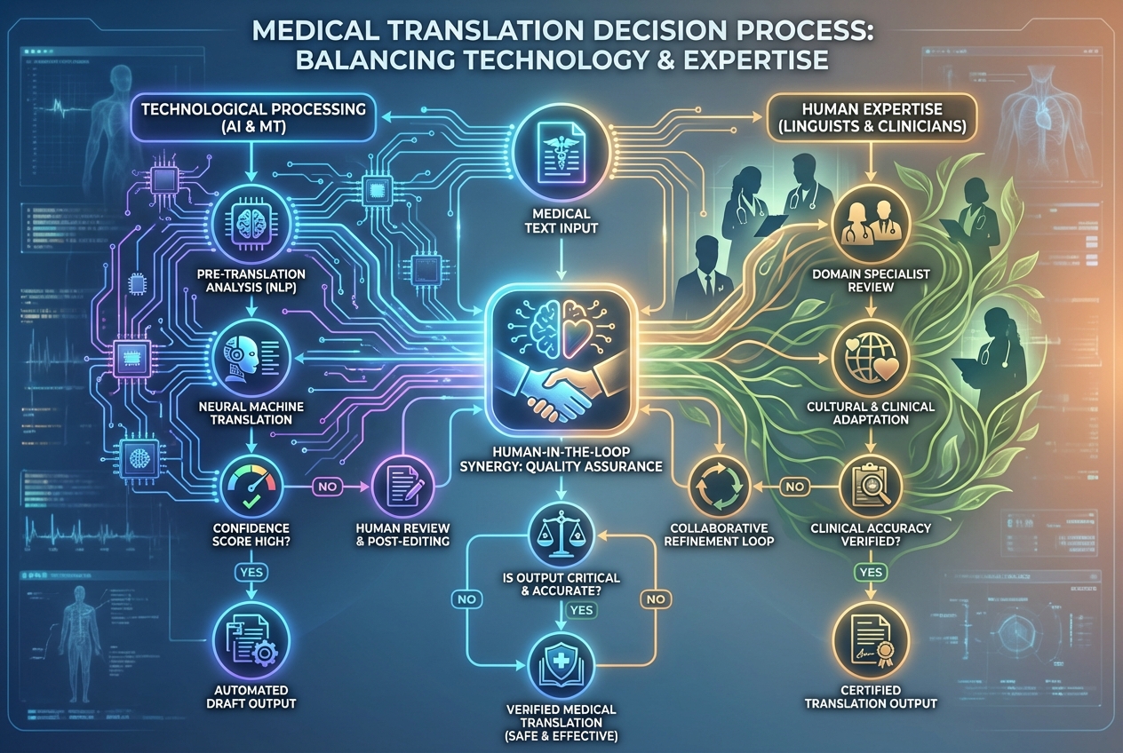 A flowchart showing the decision process for medical translation, blending digital circuitry icons with human medical professional silhouettes, highlighting a balance between technology and expertise.