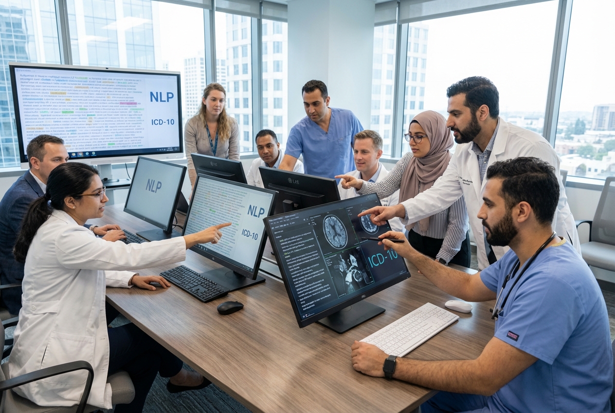 A professional workplace with a diverse team of medical experts and AI developers collaborating around a large table with digital displays showing linguistic data and medical symbols.