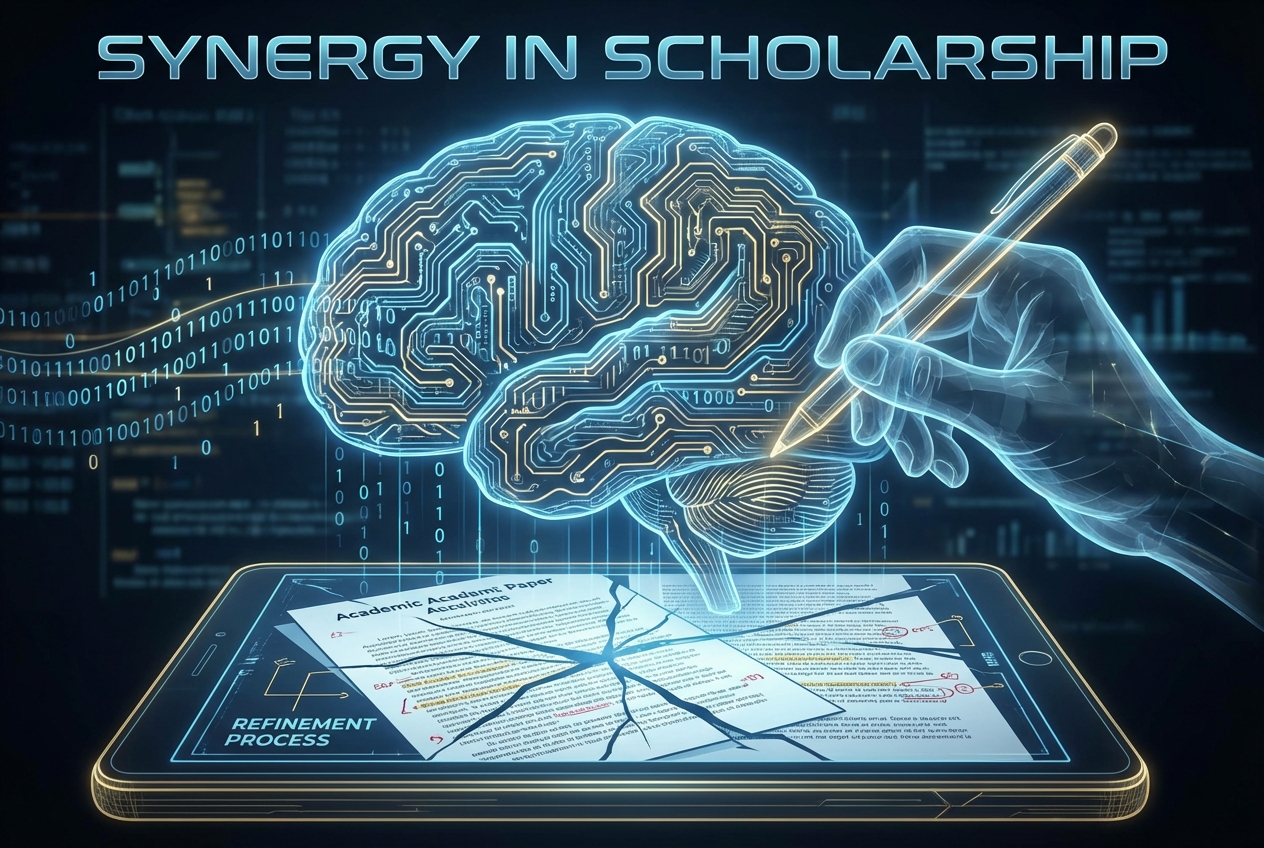 A conceptual illustration showing a transparent brain overlaid with digital binary code and a glowing pen, symbolizing the synergy between human intellectual rigor and artificial intelligence in the process of refining academic manuscripts.