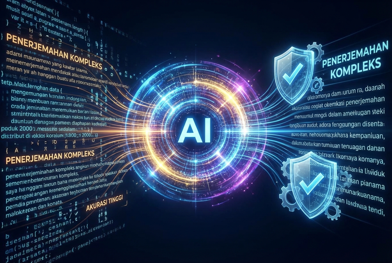 Sebuah ilustrasi futuristik yang menunjukkan proses data teks bahasa Indonesia yang kompleks masuk ke dalam inti mesin AI yang bercahaya, keluar sebagai teks bahasa asing yang bersih dan akurat dengan elemen visual berupa perisai keamanan yang melambangkan akurasi.