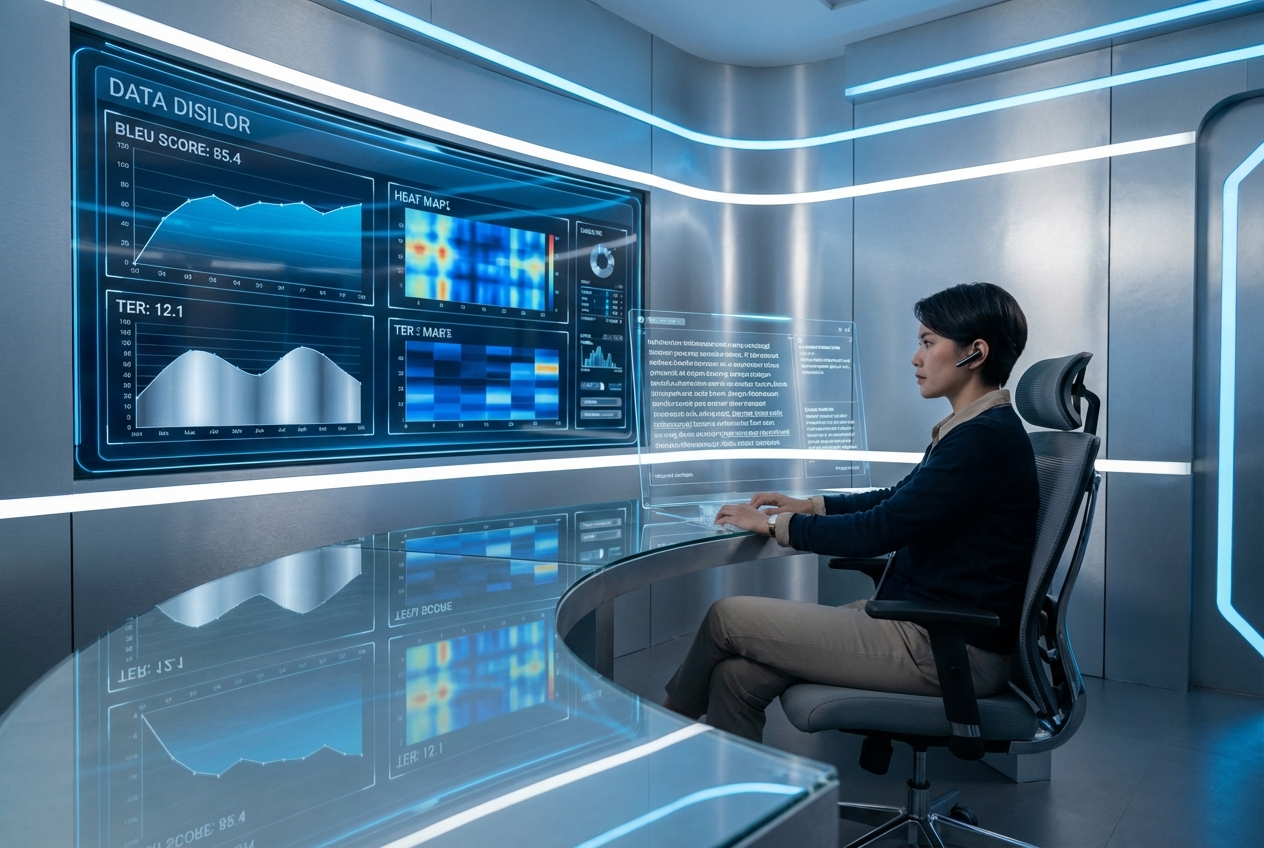A futuristic dashboard showing data visualization of translation metrics like BLEU scores and TER, with a professional linguist reviewing Indonesian text on a holographic screen, clean corporate tech aesthetic, blue and silver lighting