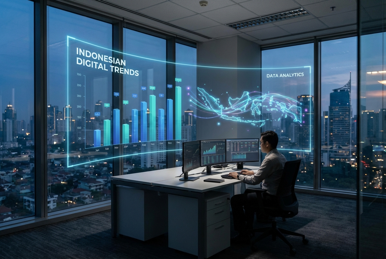 A high-tech professional workspace in Jakarta with a large holographic interface showing data analytics of Indonesian digital content trends, 3D bar charts, and a glowing map of Indonesia, photorealistic, cinematic lighting, blue and teal color palette