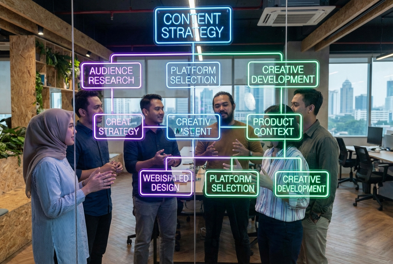 A complex flowchart or decision tree visualization on a glass board, glowing with neon lines, with a diverse team of Indonesian creative professionals discussing content strategy in a modern open-office background