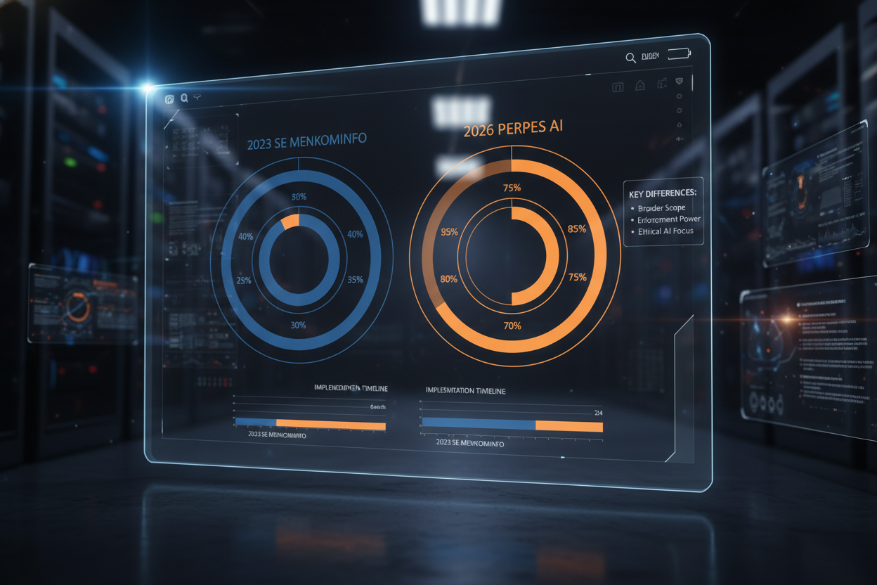 A complex data visualization comparing the 2023 SE Menkominfo and 2026 Perpres AI, showing radar charts of compliance metrics like Hallucination Rate, Data Sovereignty, and Cultural Integrity. Cinematic lighting, professional dashboard style.