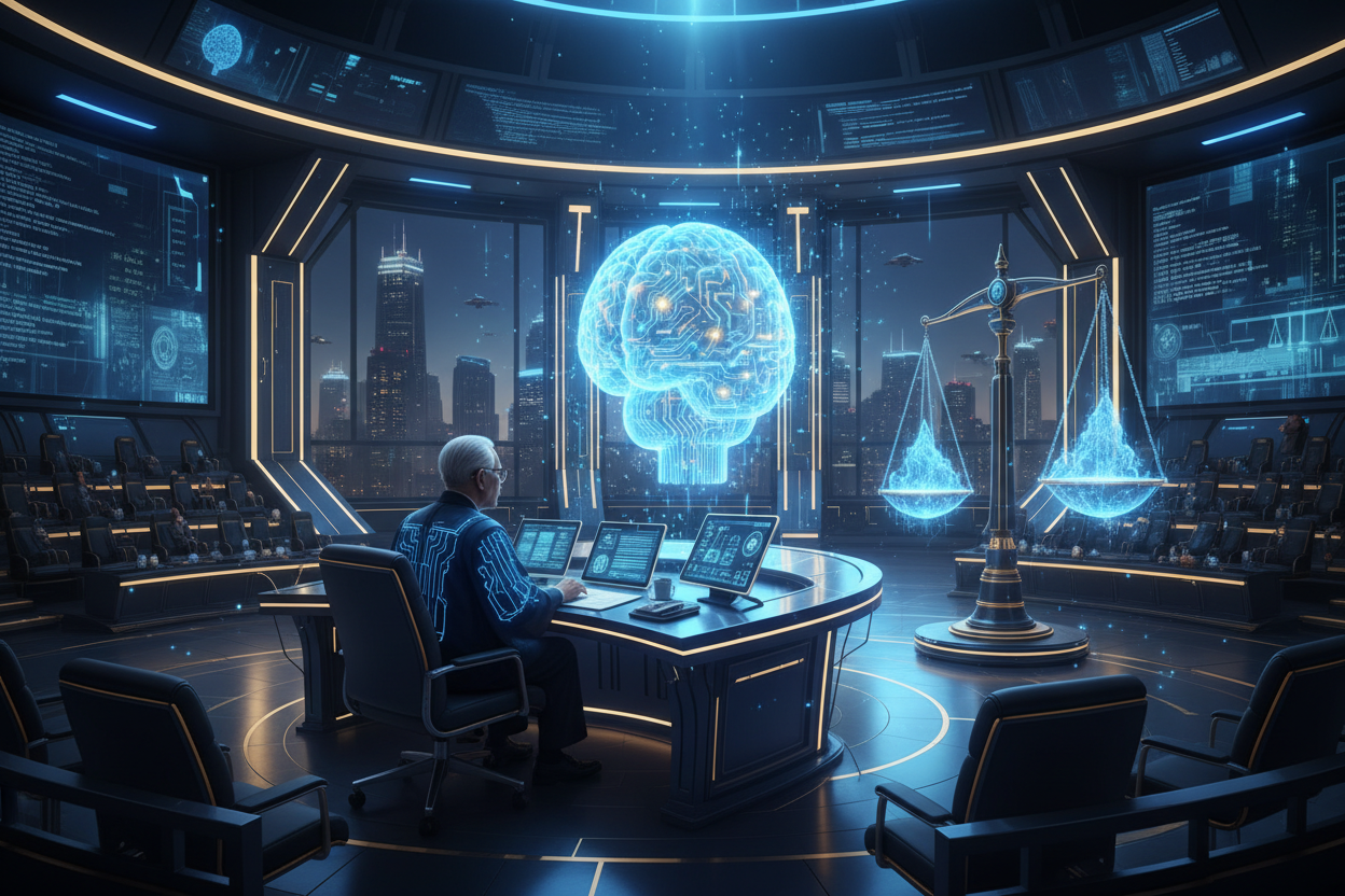 A futuristic courtroom in Indonesia with a judge and a hologram of an AI brain. Legal documents and digital scales of justice are visible. High-tech, dramatic shadows, blue and gold tones.