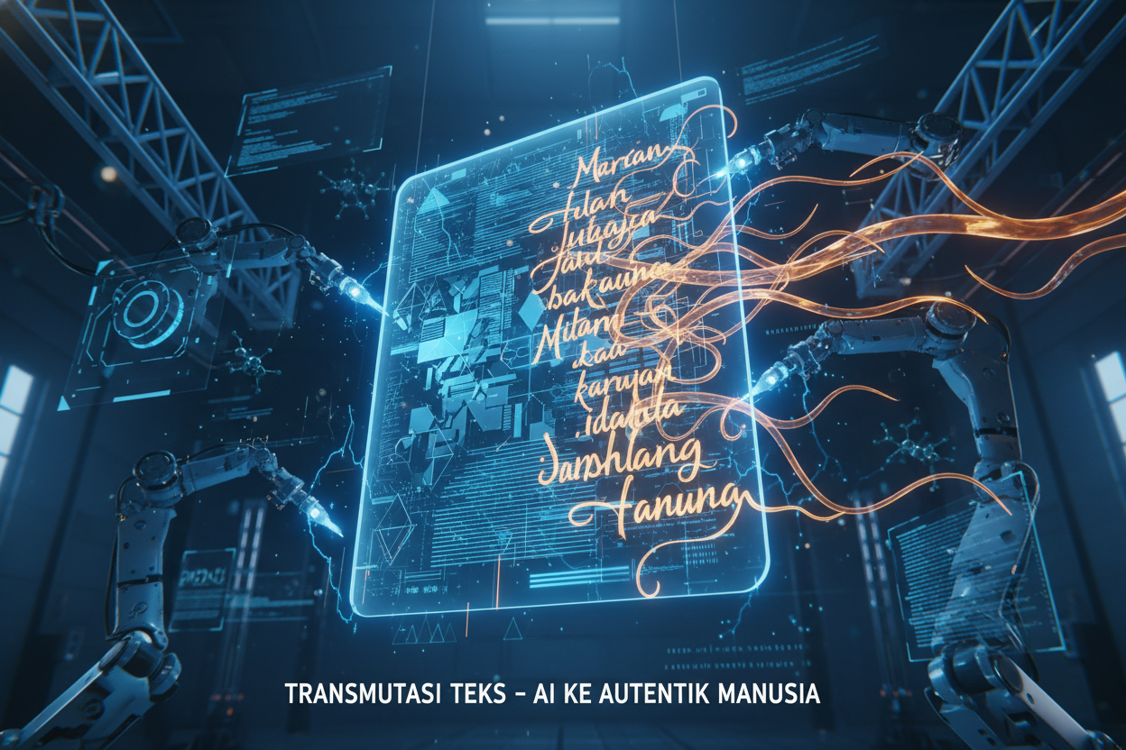 A cinematic, high-tech visualization of a digital document undergoing a 'mutation' process, where robotic code fragments are being replaced by organic, handwritten Indonesian script, symbolizing the transition from AI-generated to human-authentic text, laboratory setting, blue and amber lighting.
