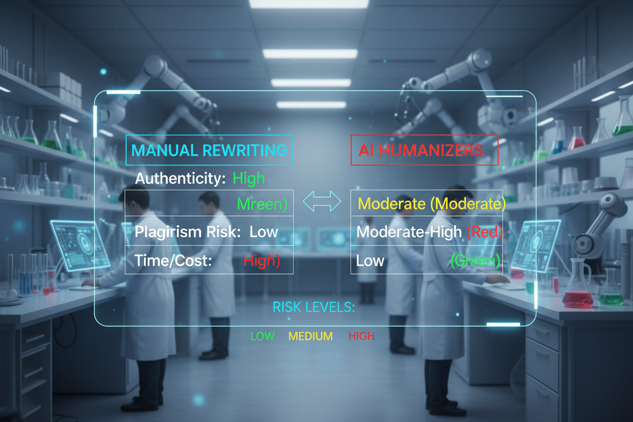 A detailed comparison table displayed on a futuristic transparent screen, comparing 'Manual Rewriting' vs 'AI Humanizers', with color-coded risk levels (green vs red), professional laboratory background.