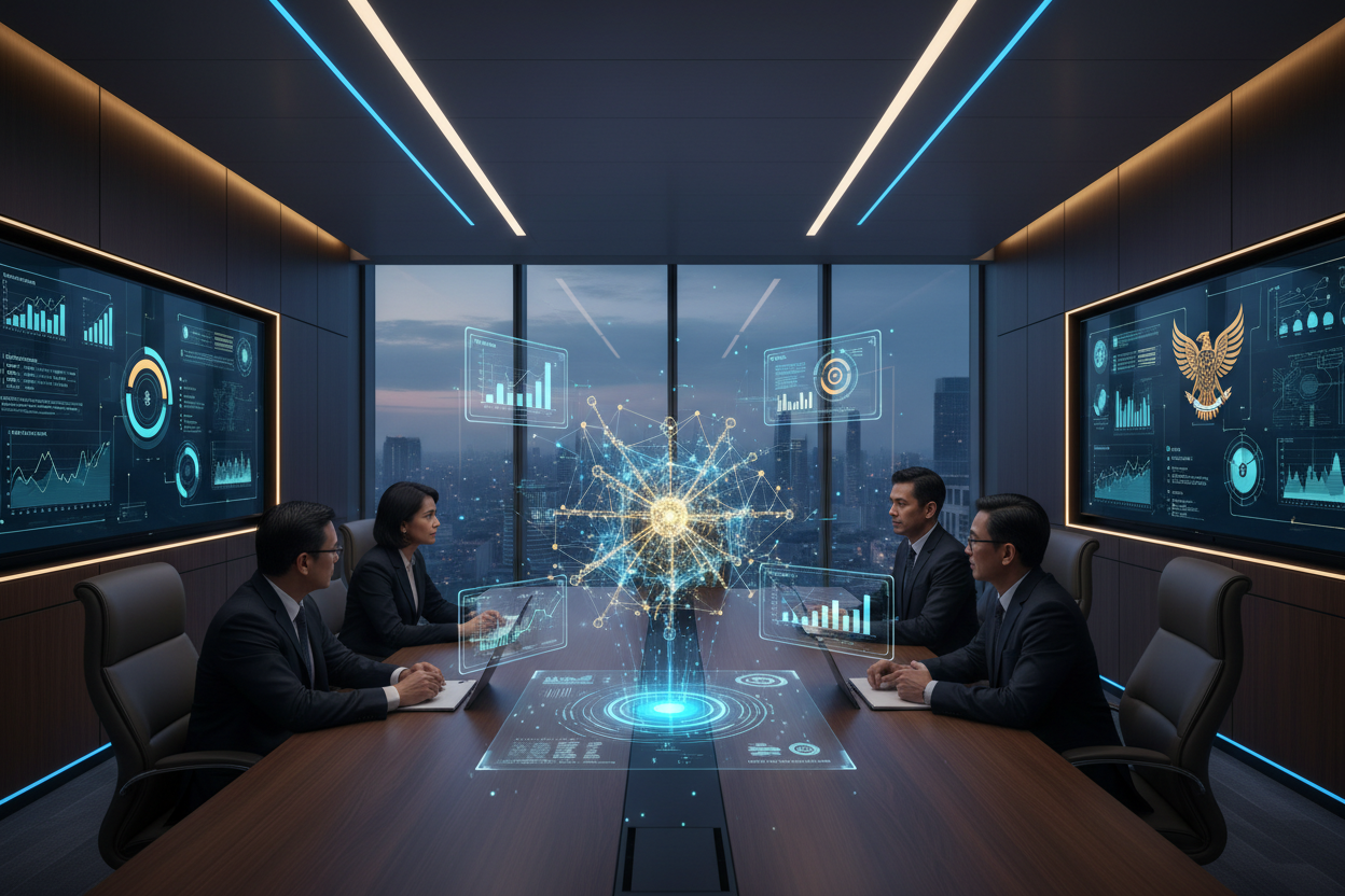 A high-tech executive boardroom in Jakarta with a holographic AI neural network display. On the screens, glowing charts show data integrity and ethical compliance metrics. The lighting is professional, using deep blues and gold accents to symbolize trust and authority.
