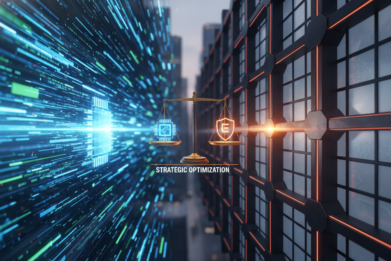 A split-screen visual representation of a Decision Matrix. On one side, a fast-moving digital stream representing speed and performance. On the other, a solid, structured architectural frame representing ethical guardrails. The center shows a balance scale in equilibrium, symbolizing strategic optimization.