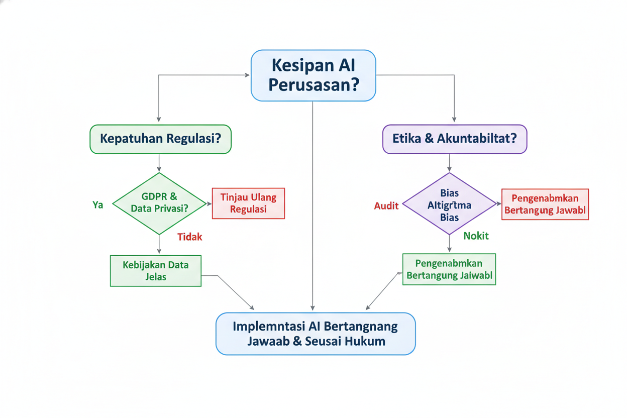 A clean, minimalist flowchart on a white background. The flowchart uses Indonesian text, starting from a central question 'Kesiapan AI Perusahaan?' and branching into various compliance and ethical checkpaths. Professional corporate aesthetic.