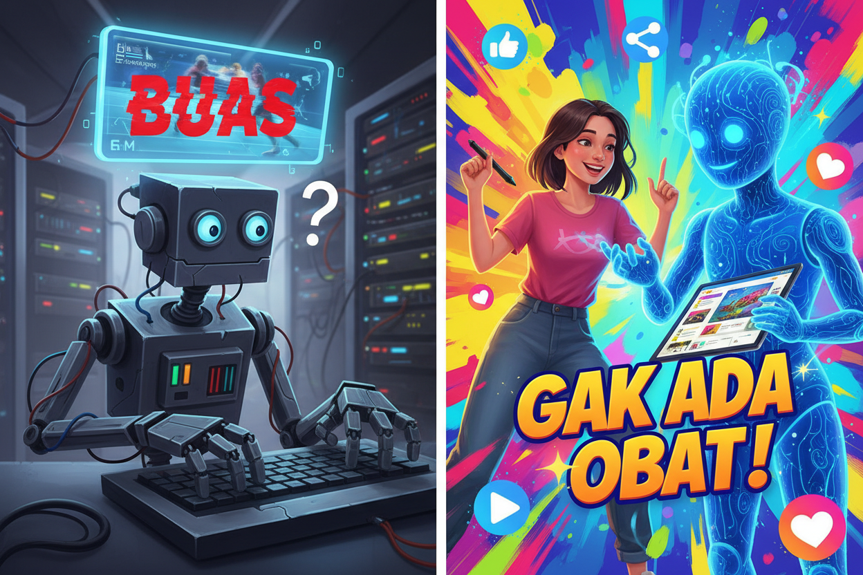 A split-screen illustration. On the left, a robot typing 'Buas' for a sports highlight (looking awkward). On the right, a human and an AI collaborating to produce 'Gak Ada Obat!' with a vibrant, energetic social media background.