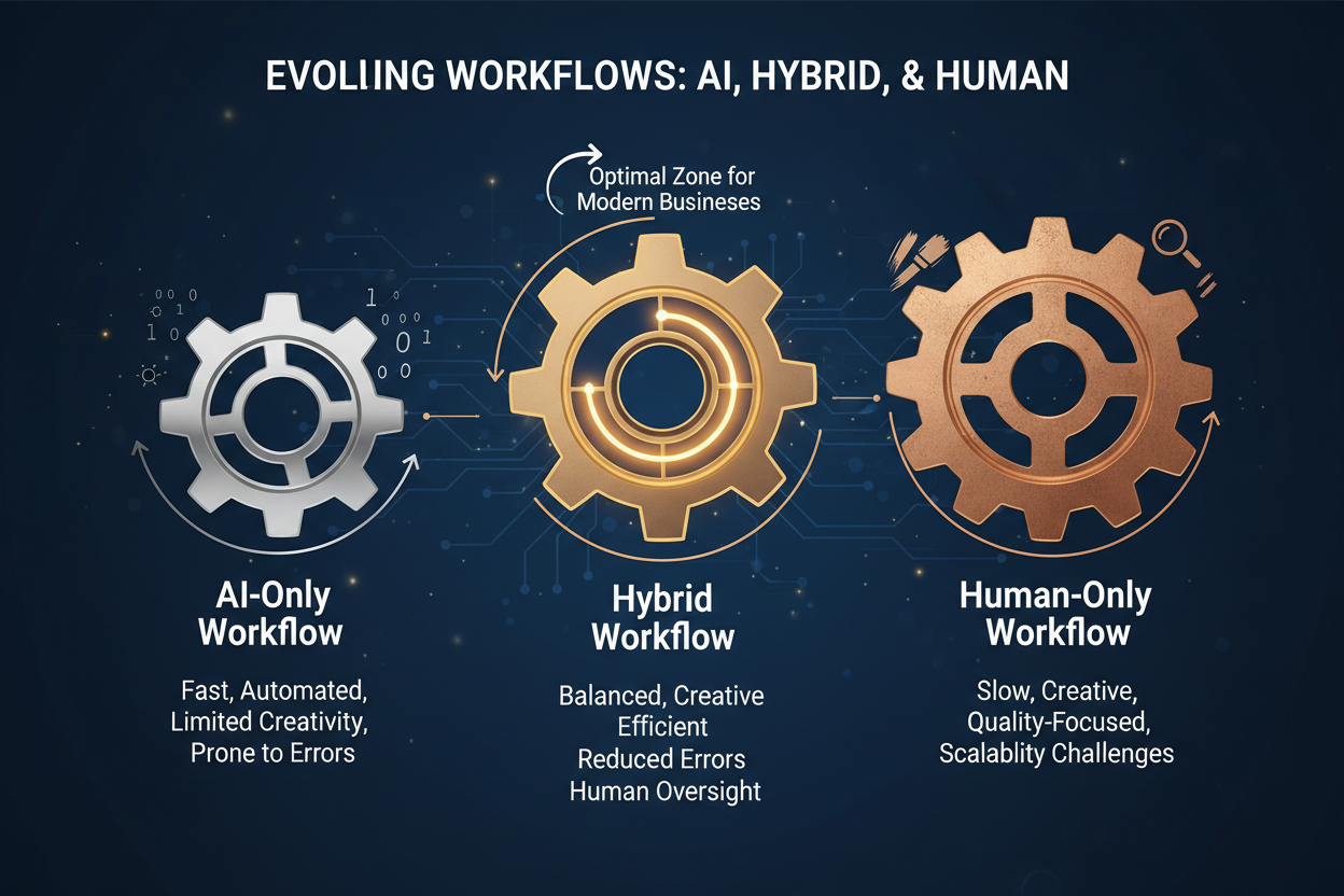 An infographic comparing three gears of different sizes representing AI-Only, Hybrid, and Human-Only workflows, with the Hybrid gear glowing to indicate it is the 'Optimal Zone' for modern businesses.