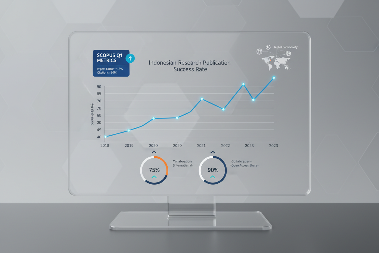 A professional data dashboard showing a rising graph of Indonesian research publication success rates, with a digital overlay of Scopus Q1 metrics and global connectivity icons, clean minimalist aesthetic.