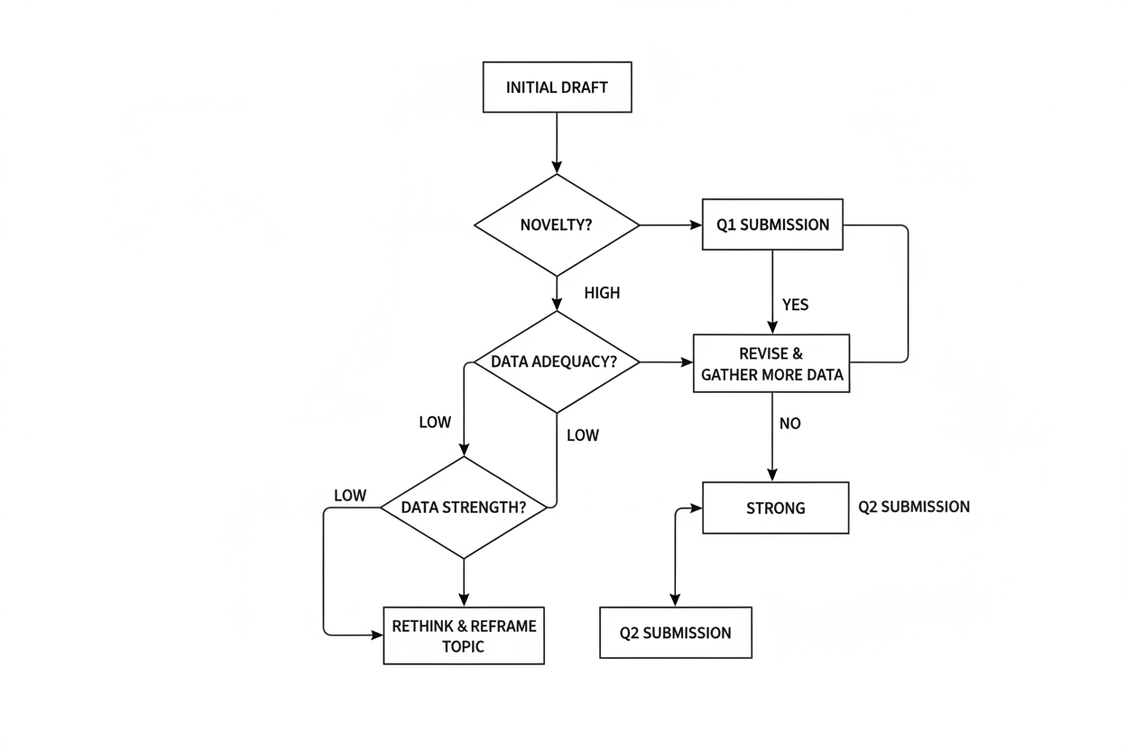A strategic decision tree diagram on a clean white background, guiding a researcher from initial draft to Q1 or Q2 submission based on novelty and data metrics, minimalist design.