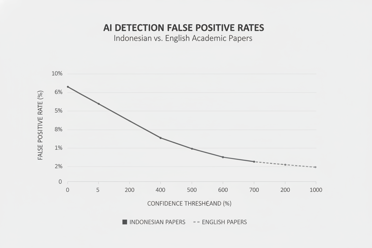 A minimalist professional data visualization showing a line graph comparing false positive rates of AI detection in Indonesian vs English academic papers, with a clean gray and white corporate aesthetic.