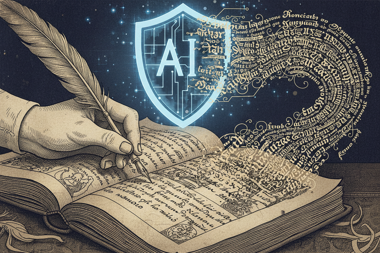 A conceptual illustration of a human hand meticulously editing a manuscript with a fountain pen, while in the background, a digital 'AI' shield is being bypassed by a more complex, organic pattern of handwritten words.