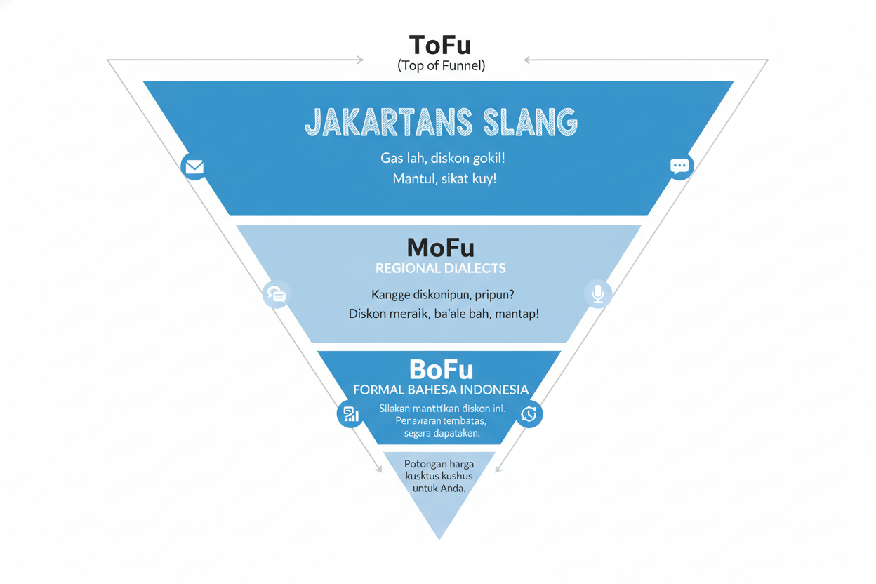 A professional infographic showing a marketing funnel (ToFu, MoFu, BoFu) mapped to three linguistic styles: Jakartans Slang at the wide top, Regional Dialects in the middle, and Formal Bahasa Indonesia at the narrow bottom, in a clean minimalist corporate style.