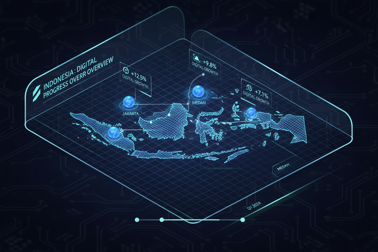A minimalist, high-tech isometric map of Indonesia with data nodes connecting Jakarta, Surabaya, and Medan, showcasing digital growth metrics in a clean, professional UI style.