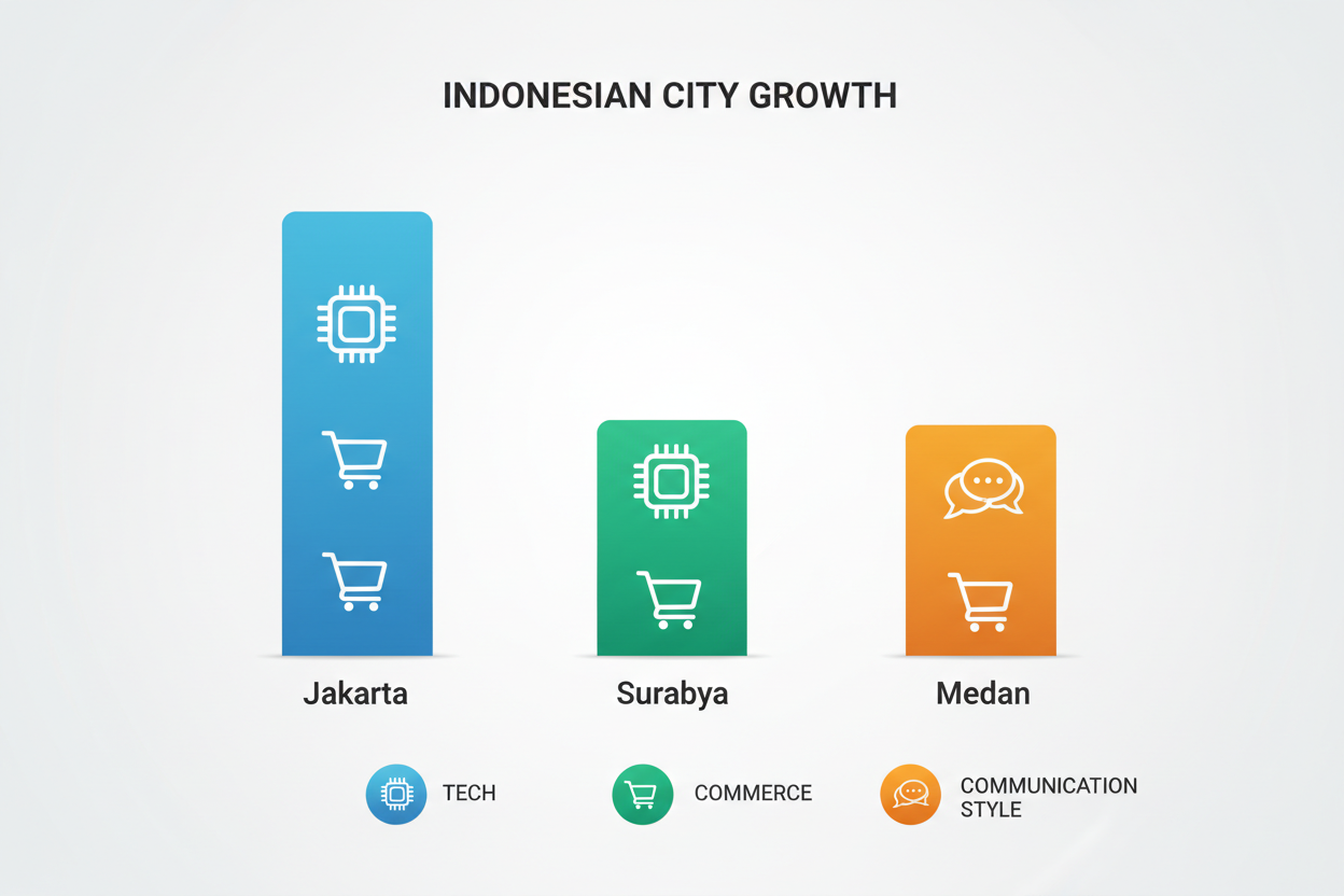 A clean data visualization chart showing three distinct growth bars for Jakarta, Surabaya, and Medan, with icons representing tech, commerce, and communication styles.