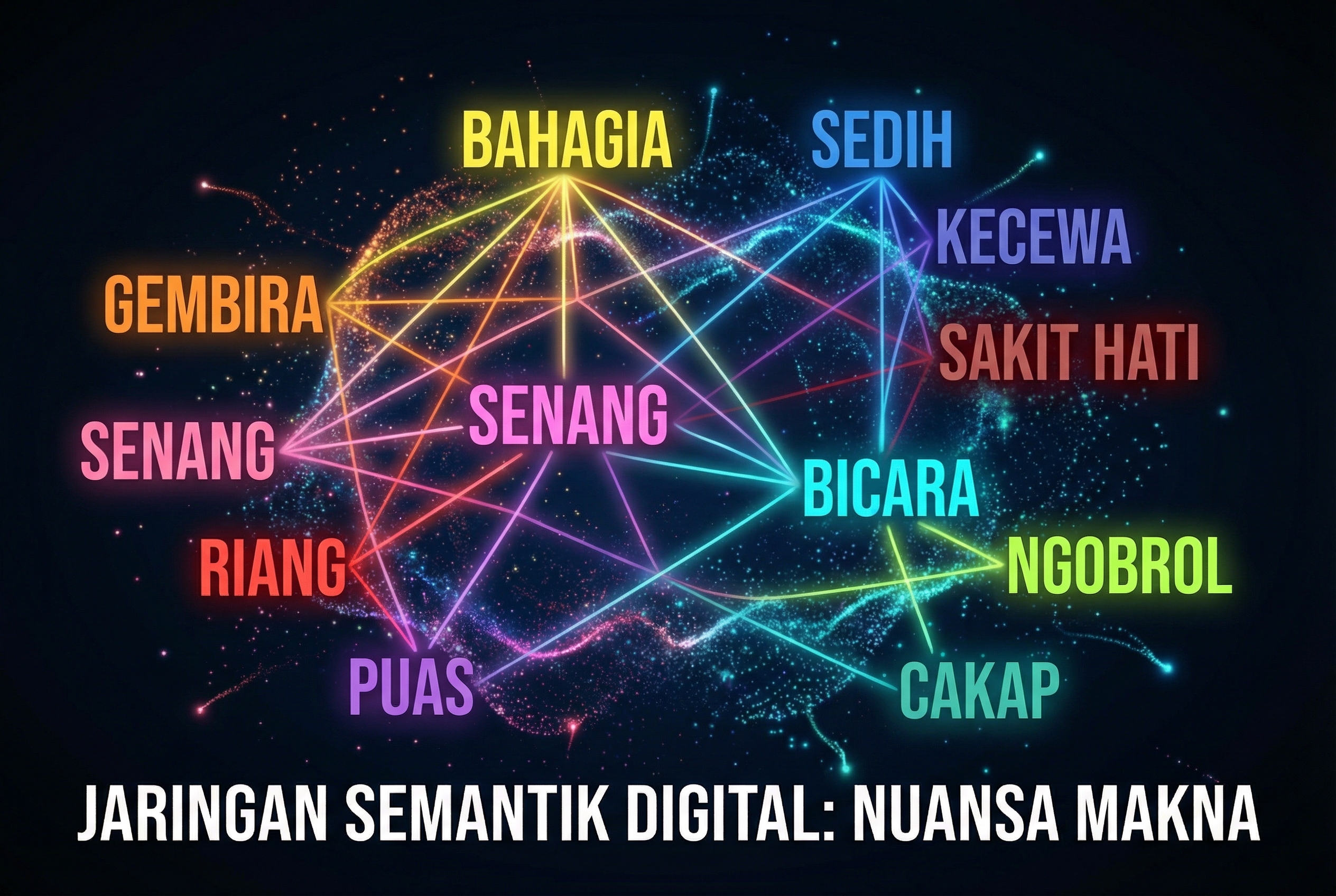 Ilustrasi visual mengenai jaringan kata-kata yang saling terhubung dalam awan semantik digital, menunjukkan berbagai kata bahasa Indonesia yang memiliki makna serupa namun dengan nuansa warna yang berbeda untuk melambangkan perbedaan nuansa makna.