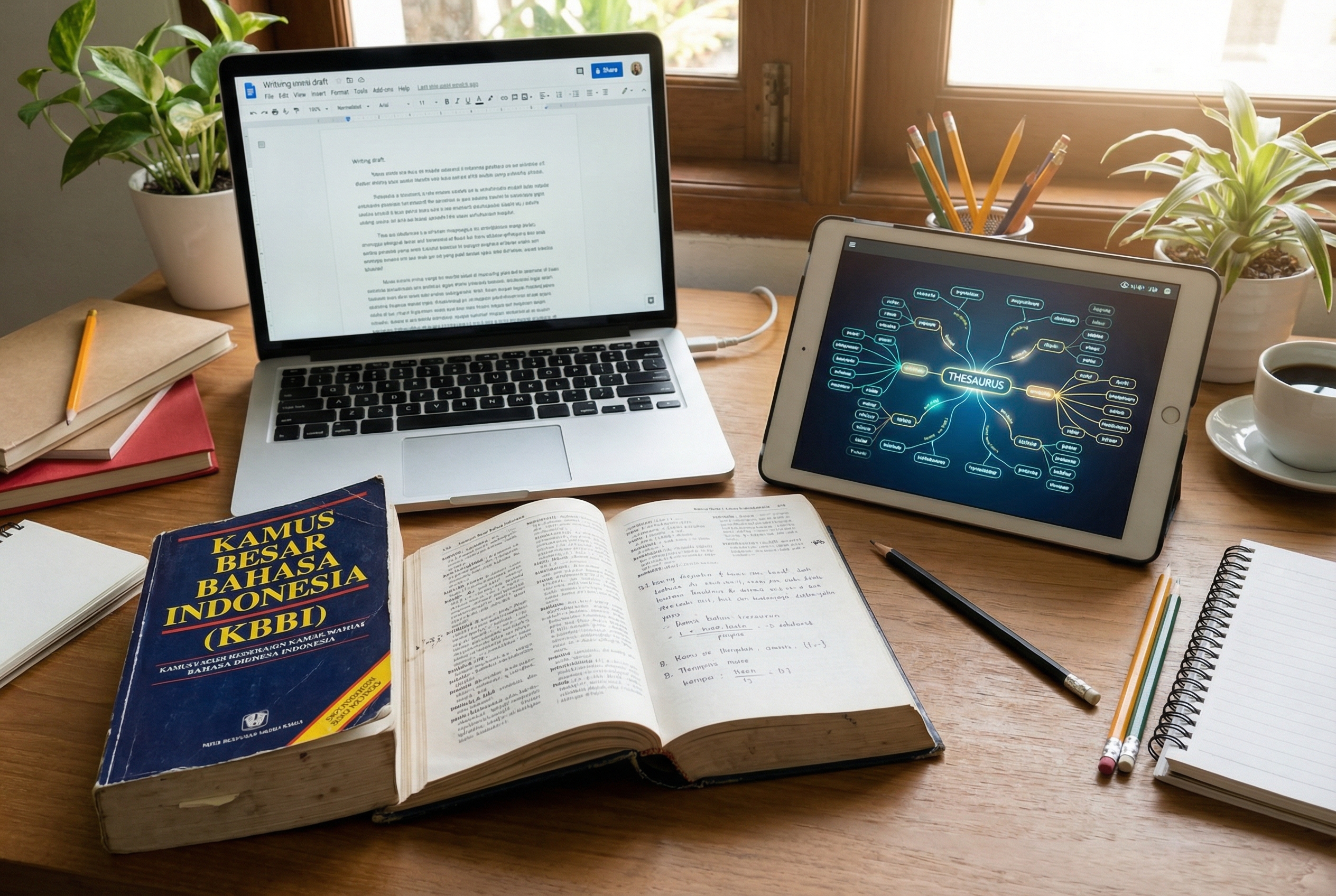Foto meja kerja seorang penulis modern yang dilengkapi dengan laptop, buku Kamus Besar Bahasa Indonesia (KBBI), dan tablet yang menampilkan diagram pemetaan kata (thesaurus) digital yang kompleks, menunjukkan transisi dari kamus fisik ke alat bantu bahasa berbasis teknologi.