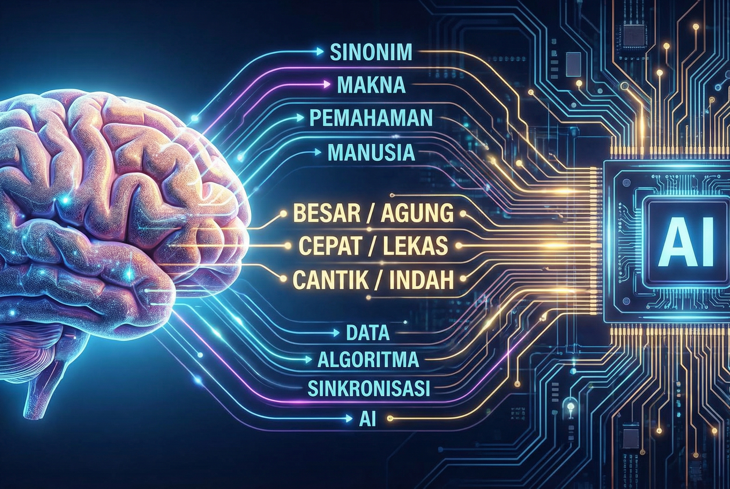 Representasi grafis dari otak manusia yang terhubung dengan sirkuit komputer, di mana kata-kata bahasa Indonesia mengalir di antara keduanya, menggambarkan sinkronisasi antara pemahaman linguistik manusia dan pemrosesan data oleh kecerdasan buatan dalam membedakan sinonim.