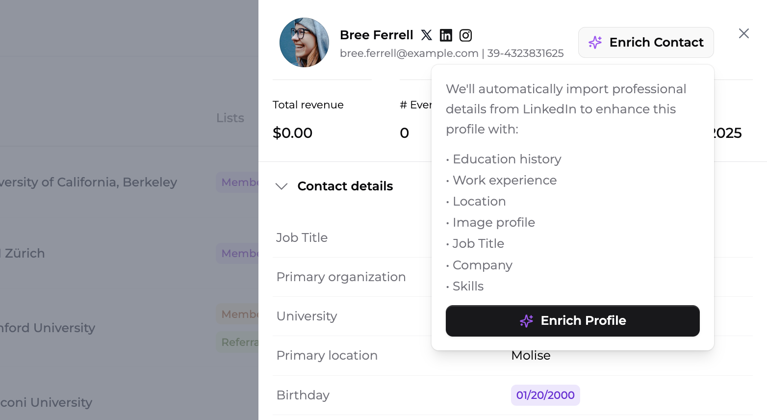 Contact enrichment feature screenshot