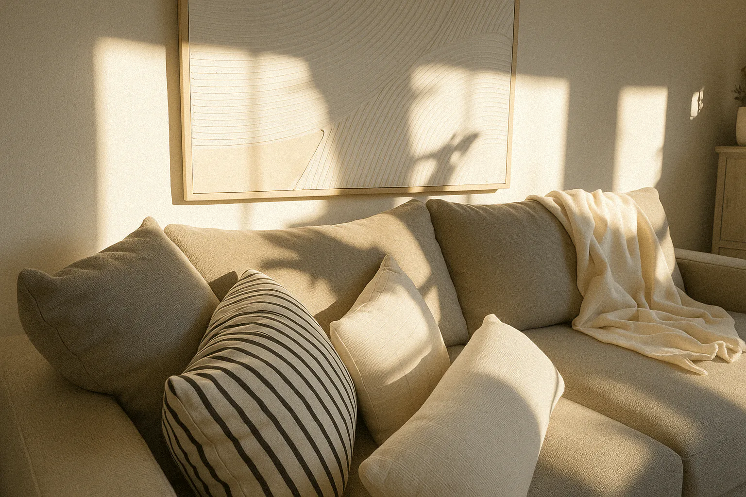 Cozy beige sofa with pillows and a blanket in a sunlit room. Made By Inch Showroom in Hermosa Beach. 