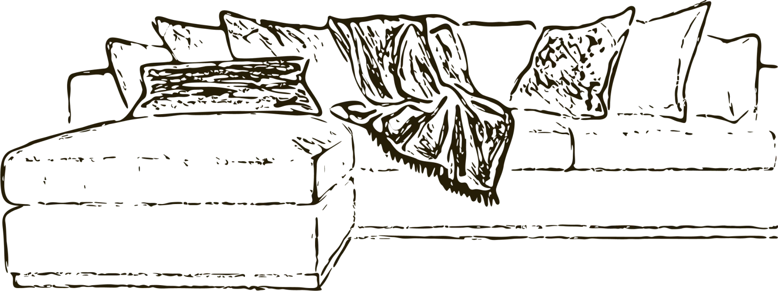 A line drawing of a sectional Made By Inch sofa with multiple throw pillows and a throw blanket.
