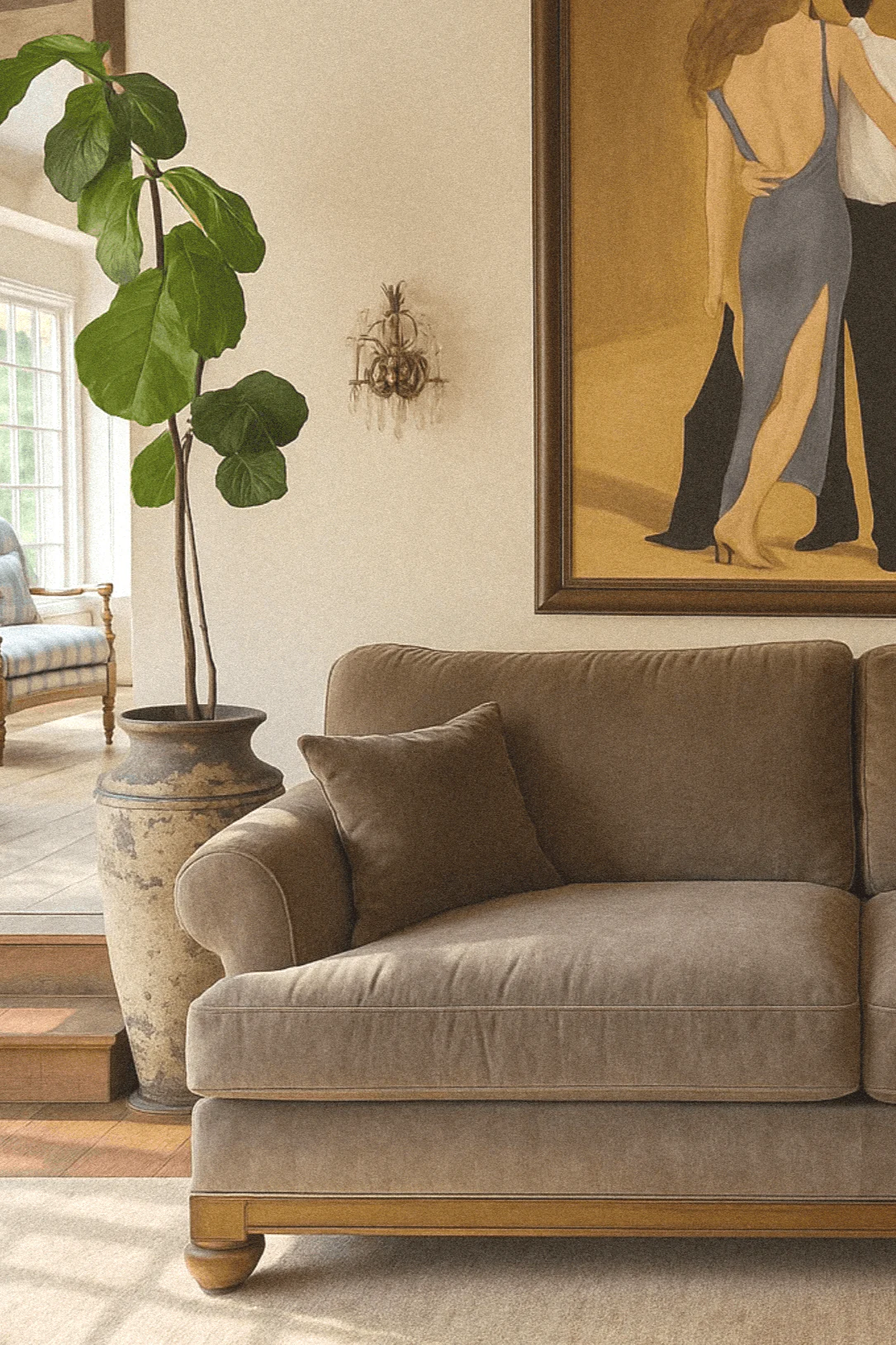 A living room scene with a beige custom Made By Inch custom sofa with brown pillows, a large potted plant, a painting of couples dancing.