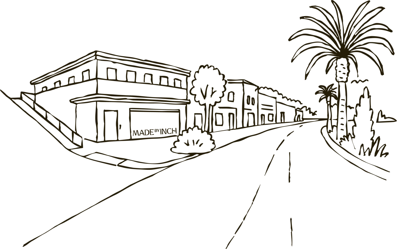 Minimalist line drawing of a street scene with buildings, palm trees, and a road at night.